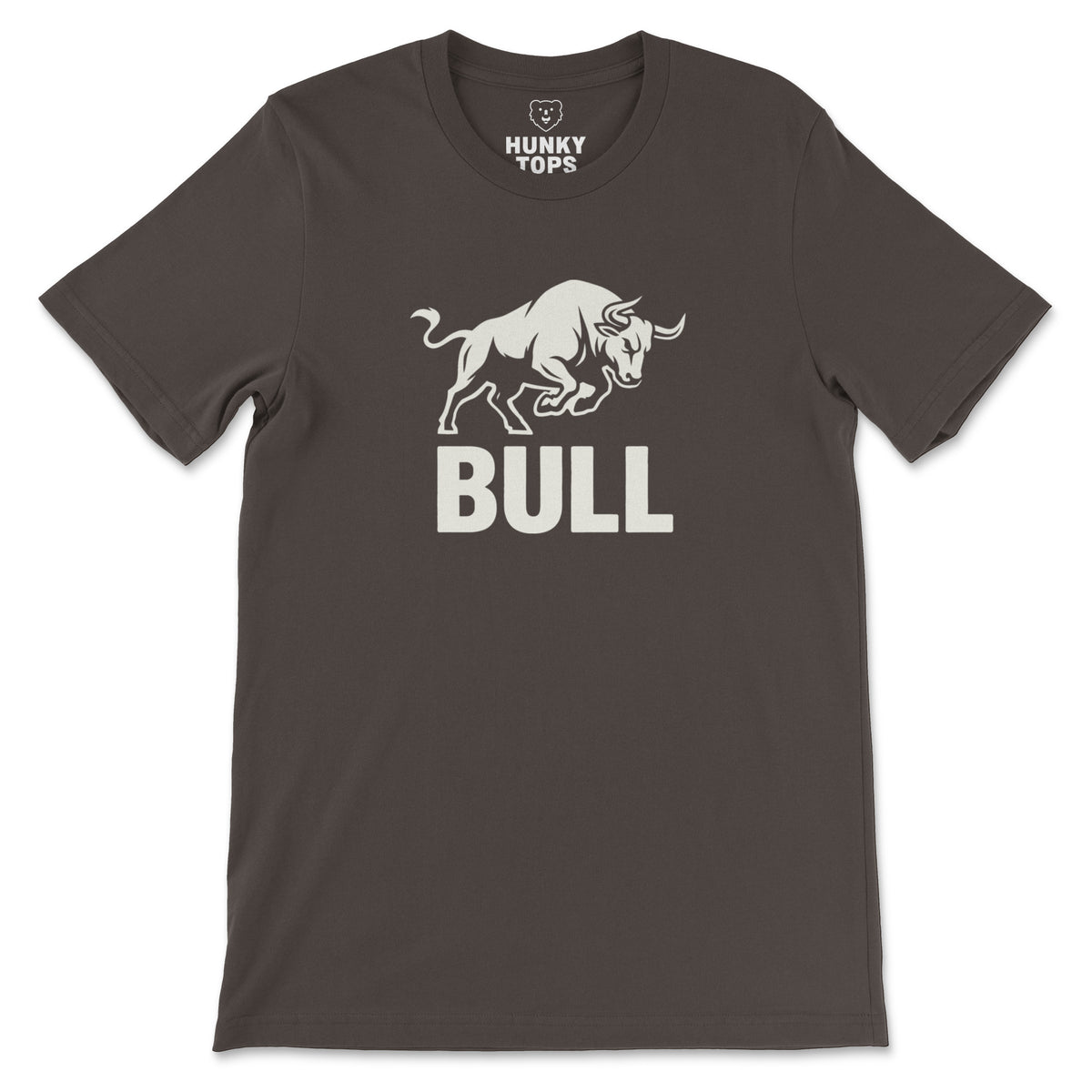 BULL charging bull graphic with bold BULL lettering on a brown unisex t-shirt, flat lay #color_Brown