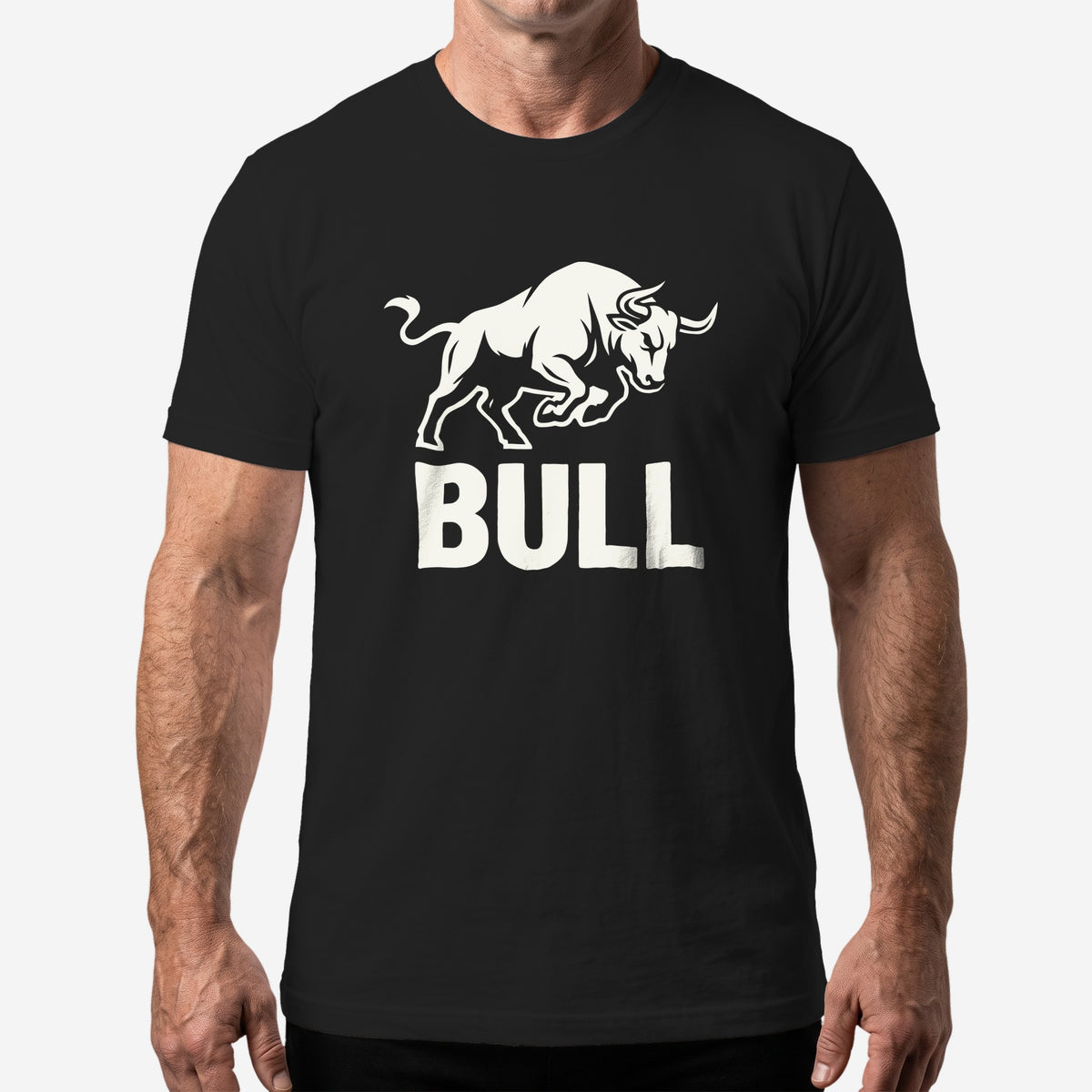 BULL graphic unisex t-shirt in black worn on a model #color_Black