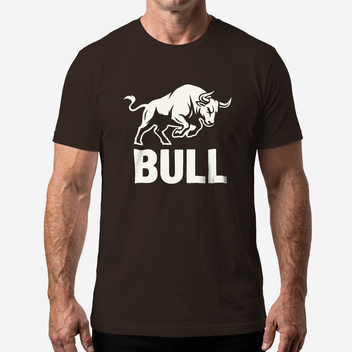 BULL graphic unisex t-shirt in brown worn on a model #color_Brown