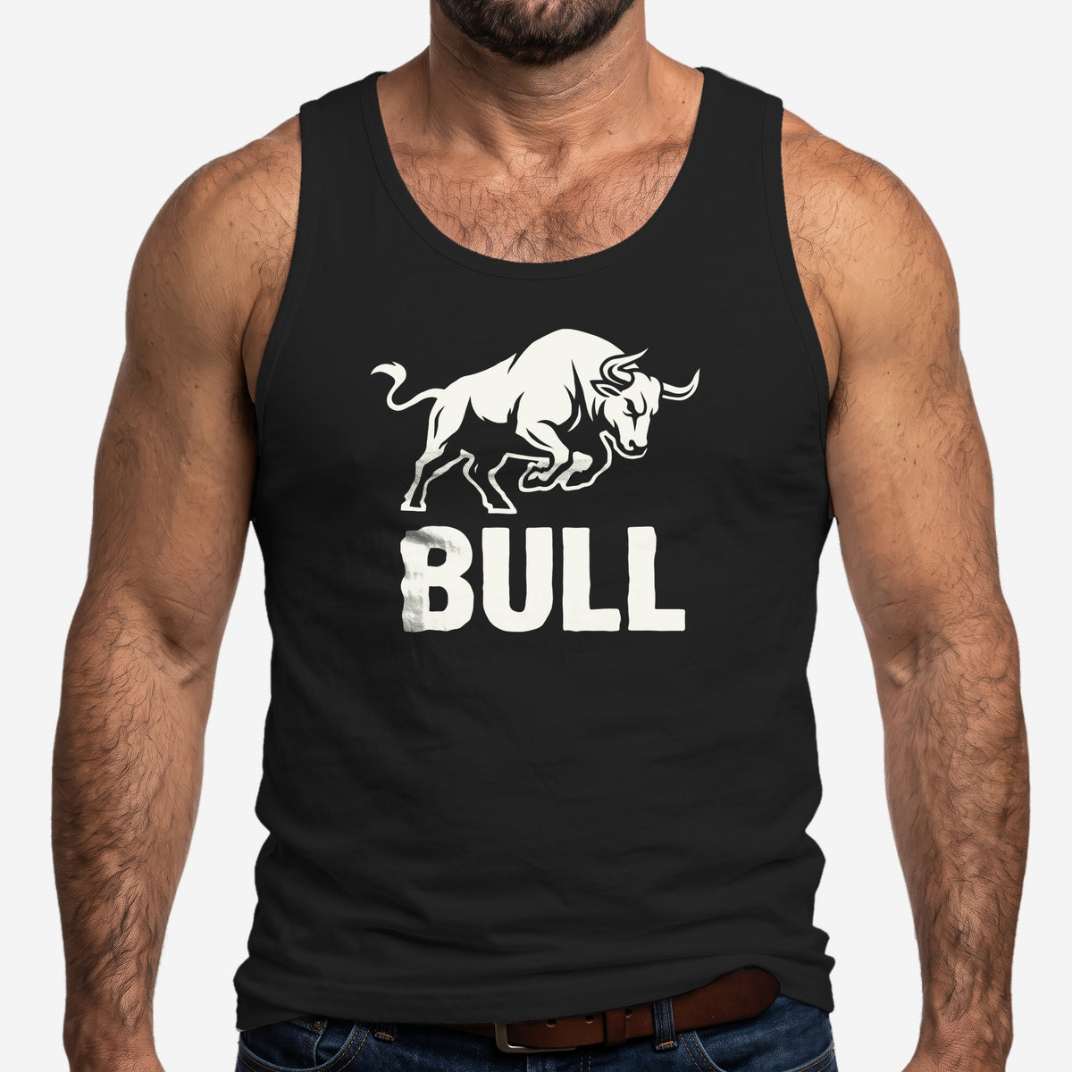 BULL graphic jersey tank top in black worn on a model #color_Black