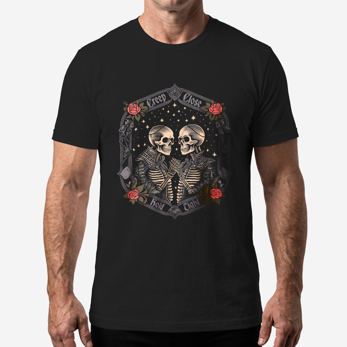"Creep Close, Hold Tight" Halloween T-Shirt worn by a model, black t-shirt #color_Black