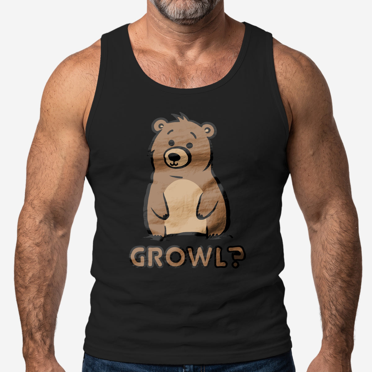 Growl Bear Tank Top worn by a model, black tank top #color_Black