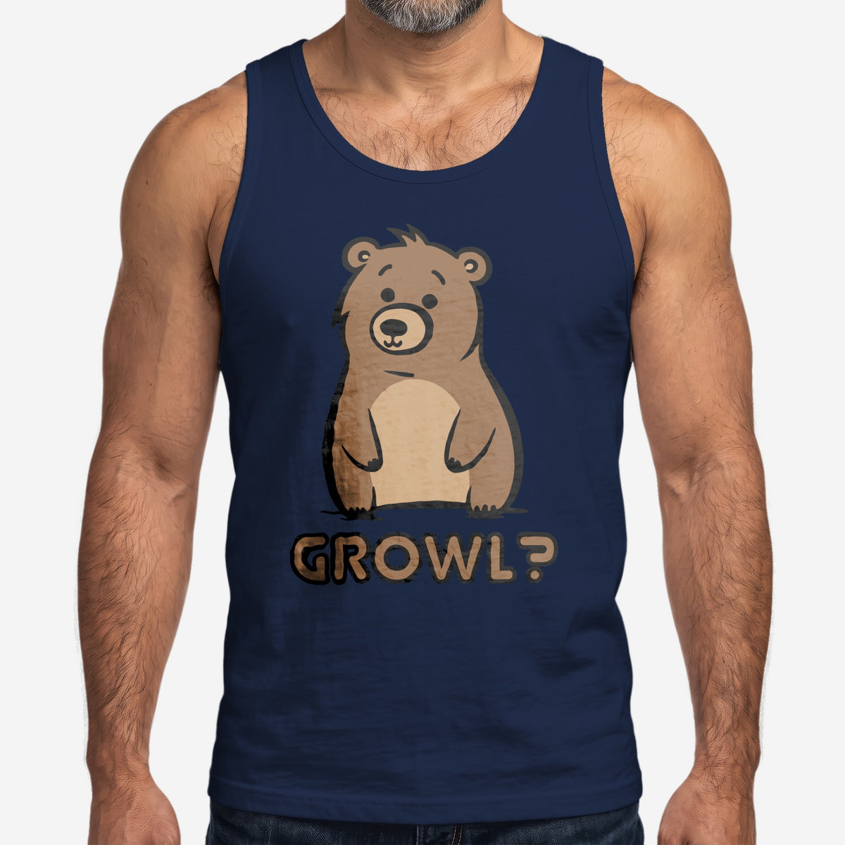 Growl Bear Tank Top worn by a model, navy tank top #color_Navy