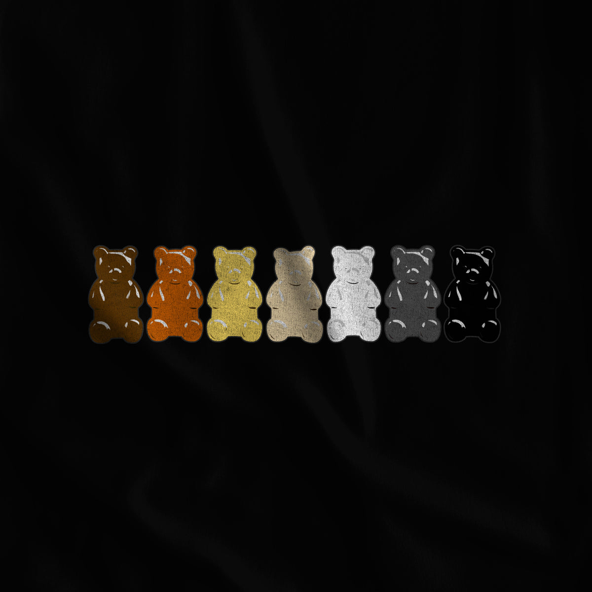 Close-up of the "Gummy Bears Unite!" gummy bear print on black fabric #color_Black
