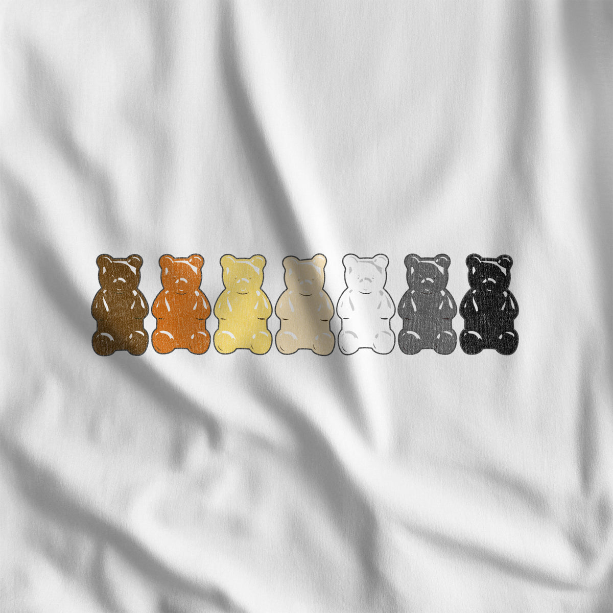 Close-up of the "Gummy Bears Unite!" gummy bear print on white fabric #color_White