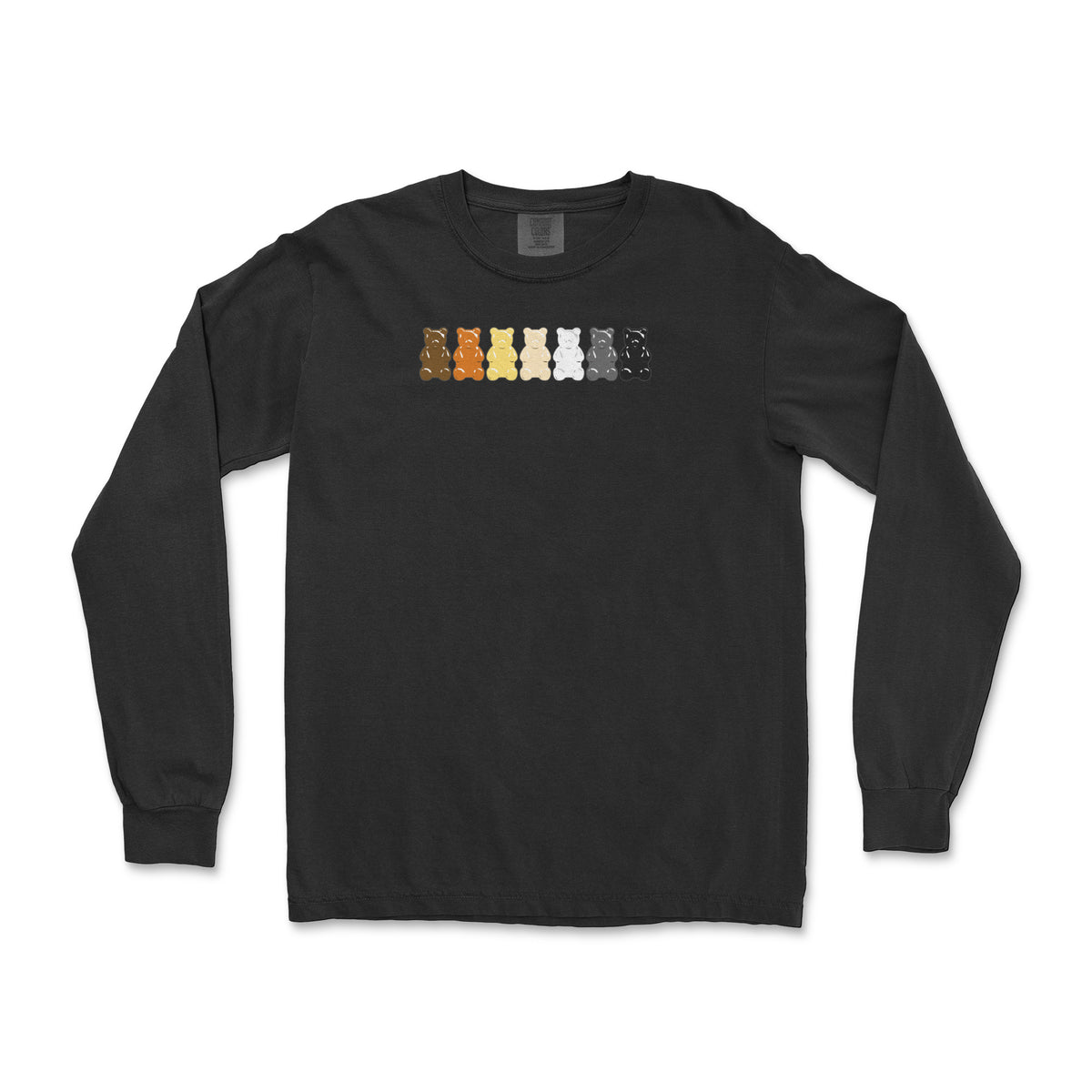 "Gummy Bears Unite!" gay bear pride gummy bears on a black long sleeve shirt, flat lay #color_Black