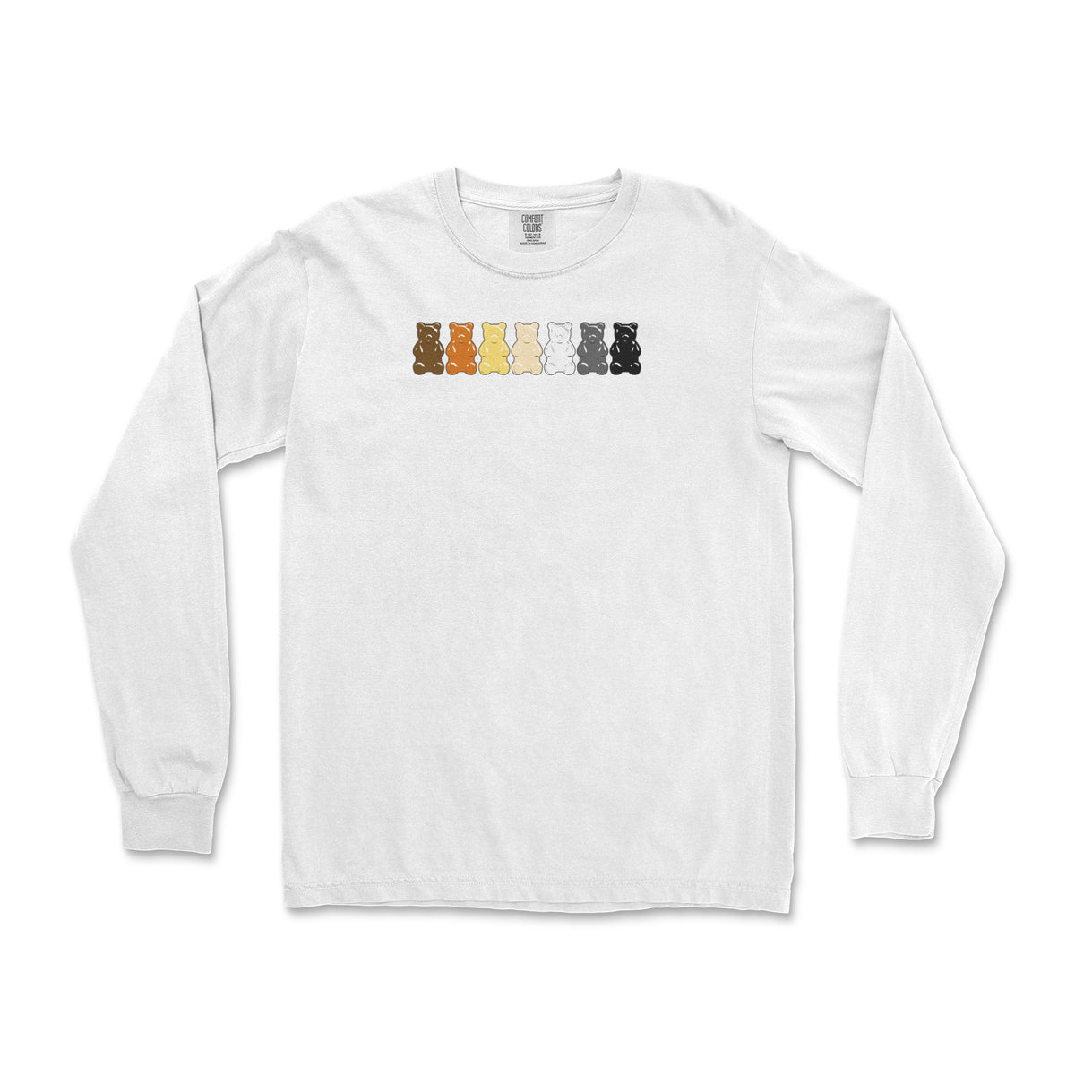 "Gummy Bears Unite!" gay bear pride gummy bears on a white long sleeve shirt, flat lay #color_White