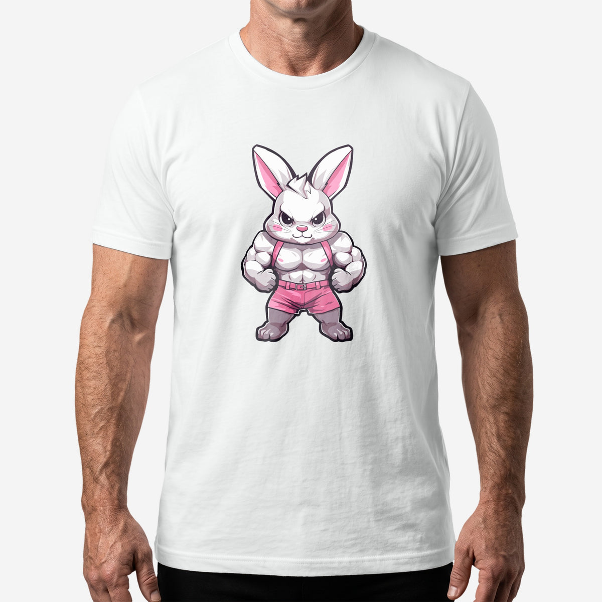 "Gym Bunny" T-Shirt worn by a model, white t-shirt #color_White