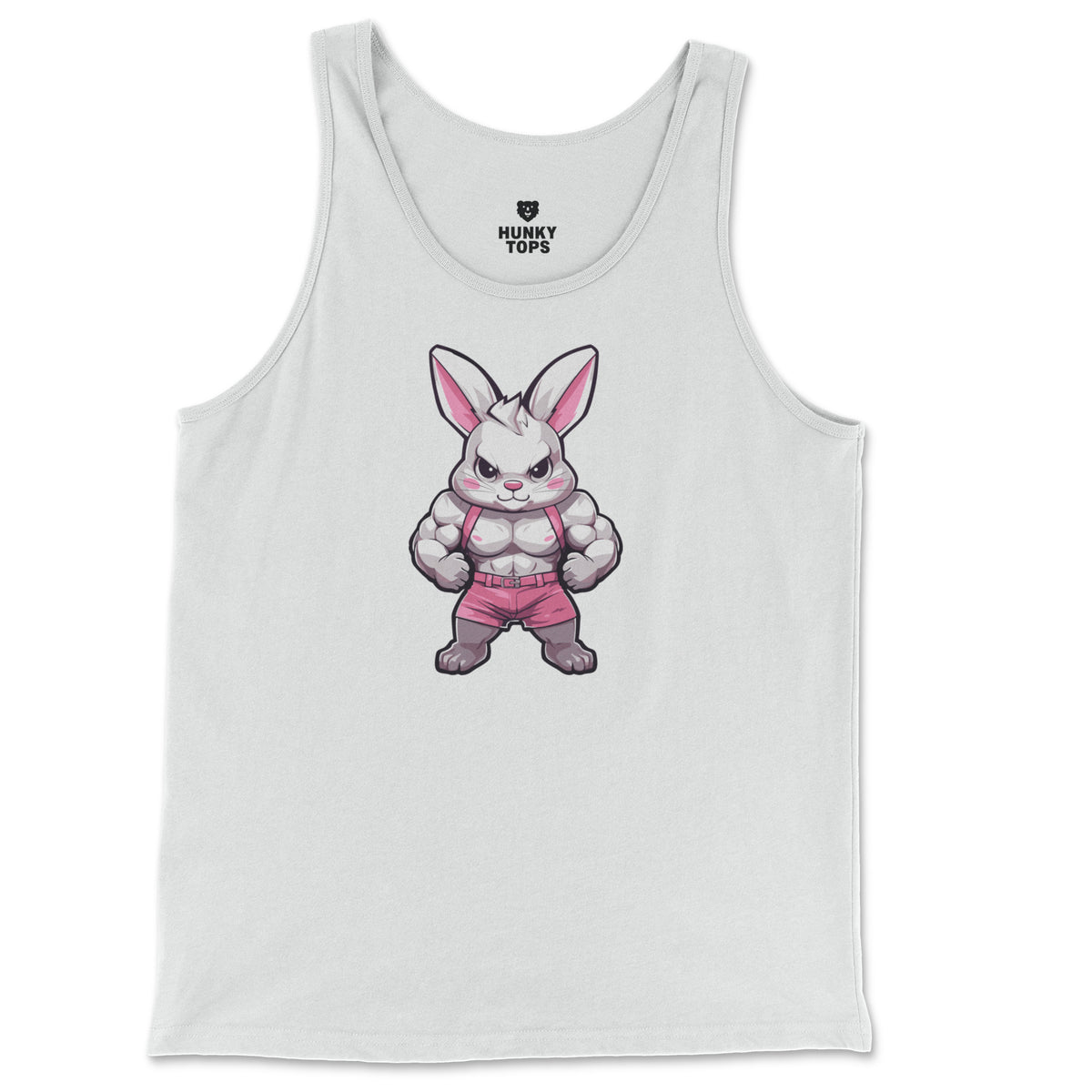 Gym Bunny Tank Top on a white tank top, flat lay #color_White