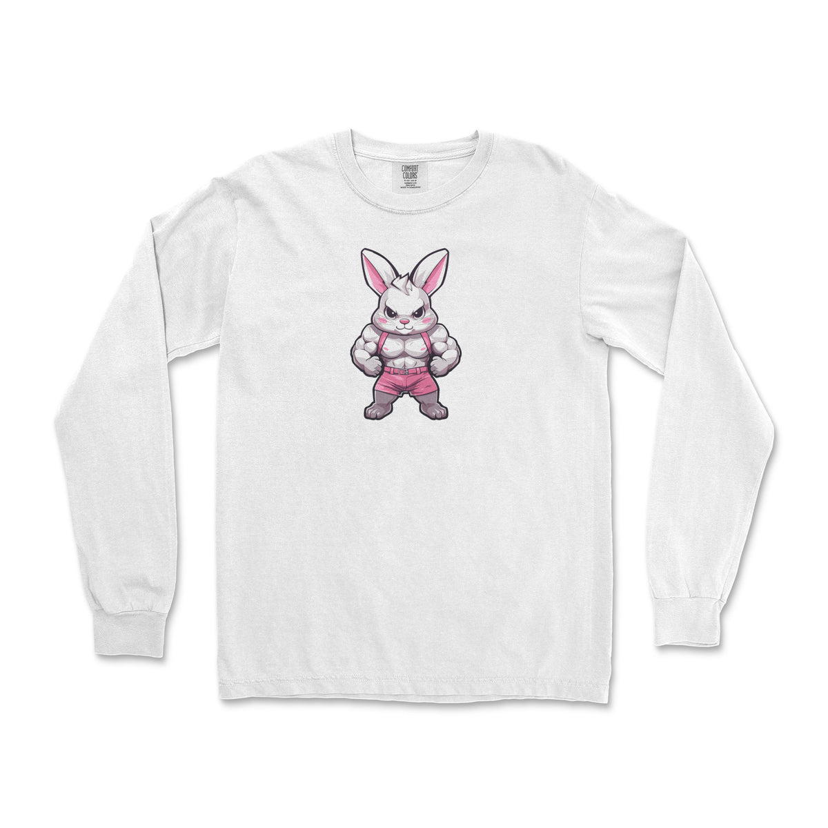 "Gym Bunny" muscular cartoon bunny in a pink harness on a white long sleeve shirt, flat lay #color_White