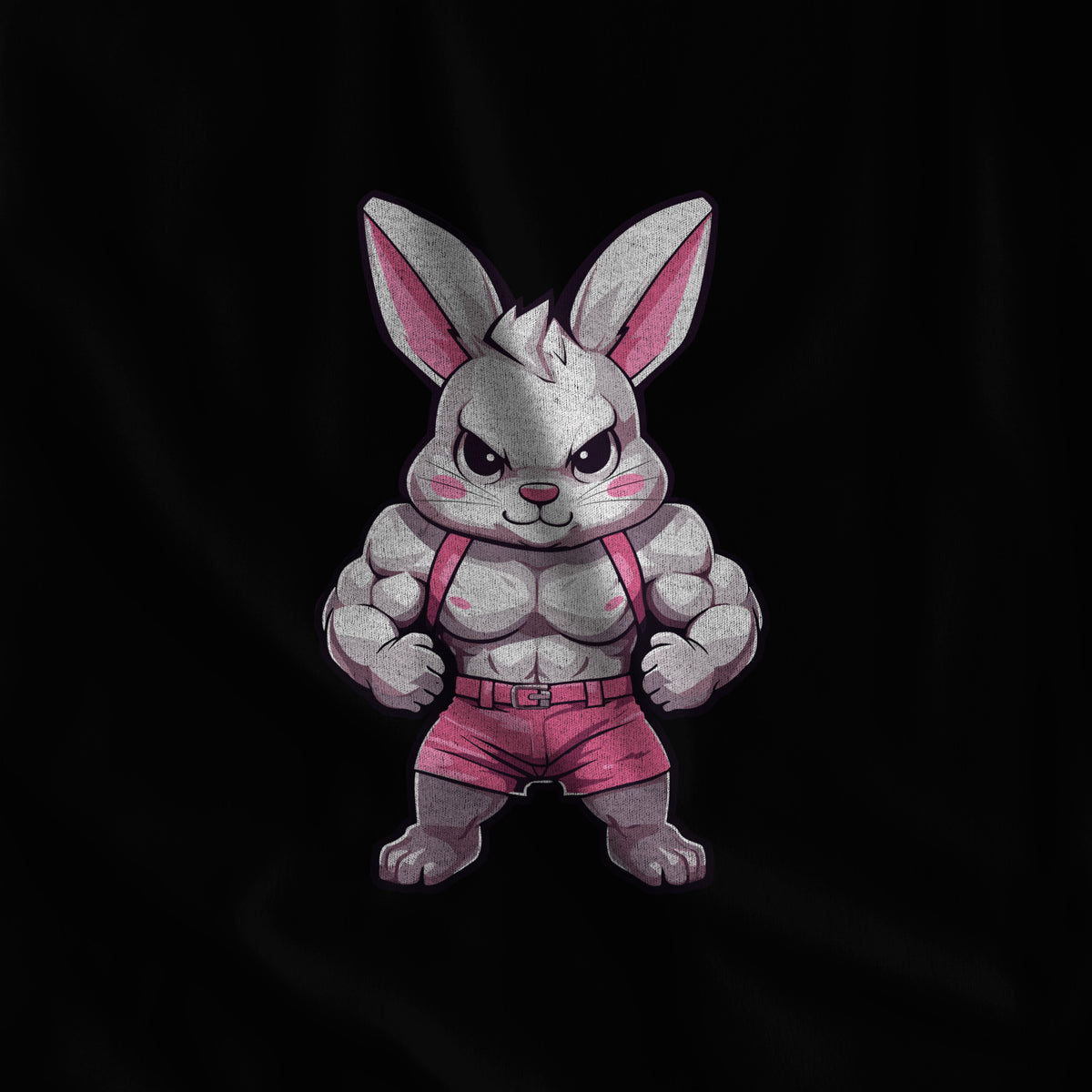 Close-up of the "Gym Bunny" print on black fabric #color_Black