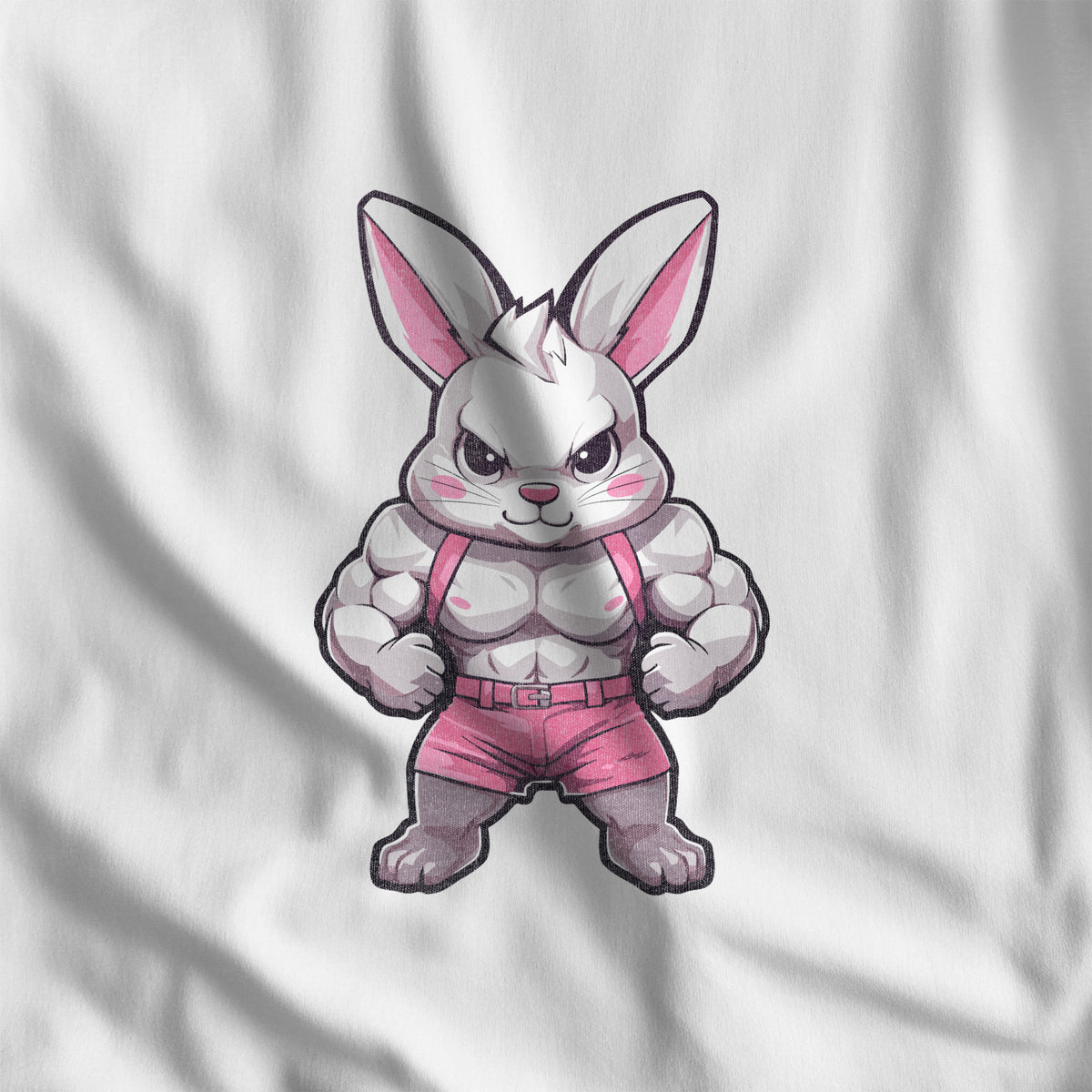 Close-up of the "Gym Bunny" print on white fabric #color_White