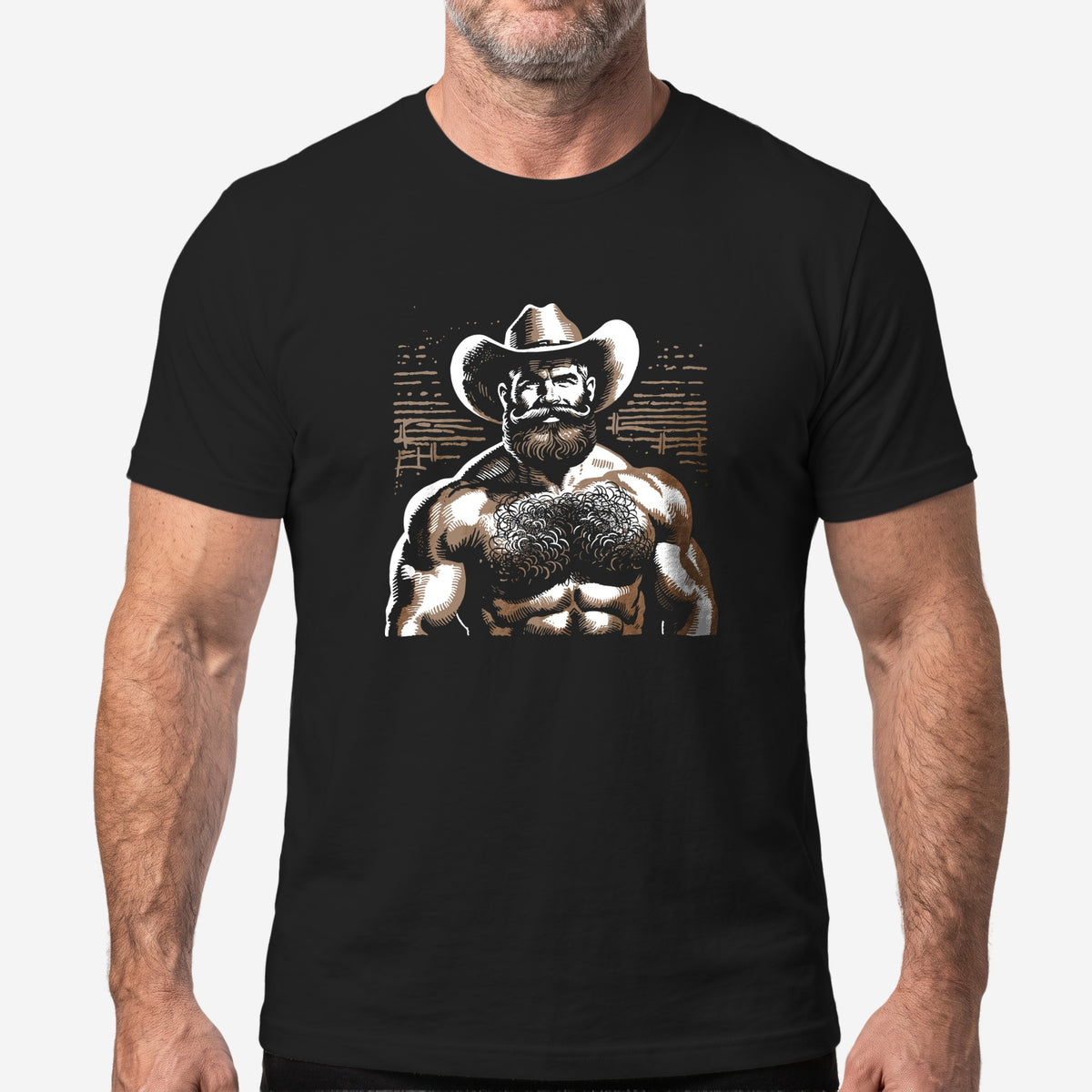 Hairy Cowboy T-Shirt worn by a model, black t-shirt #color_Black
