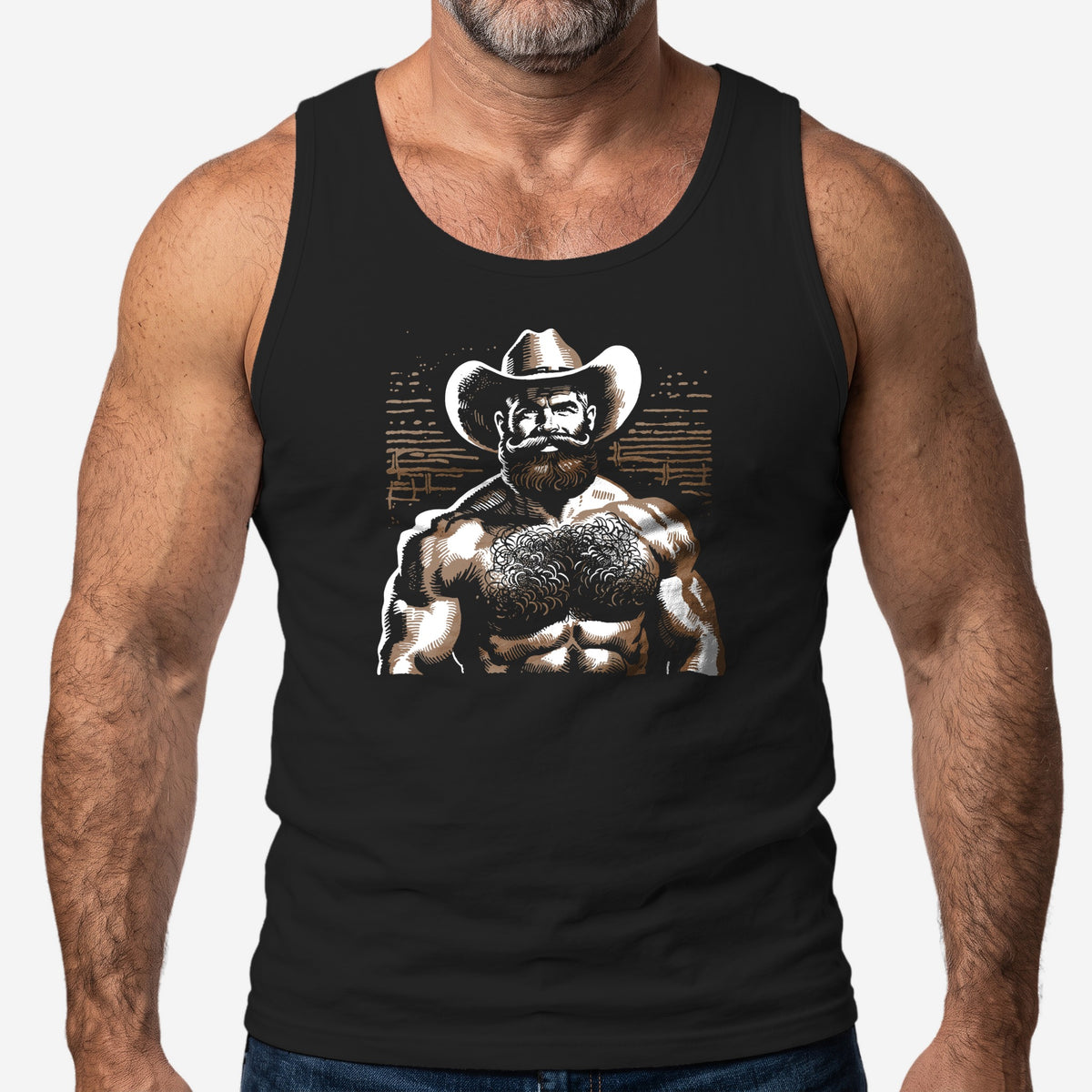 Hairy Cowboy Tank Top worn by a model, black tank top #color_Black