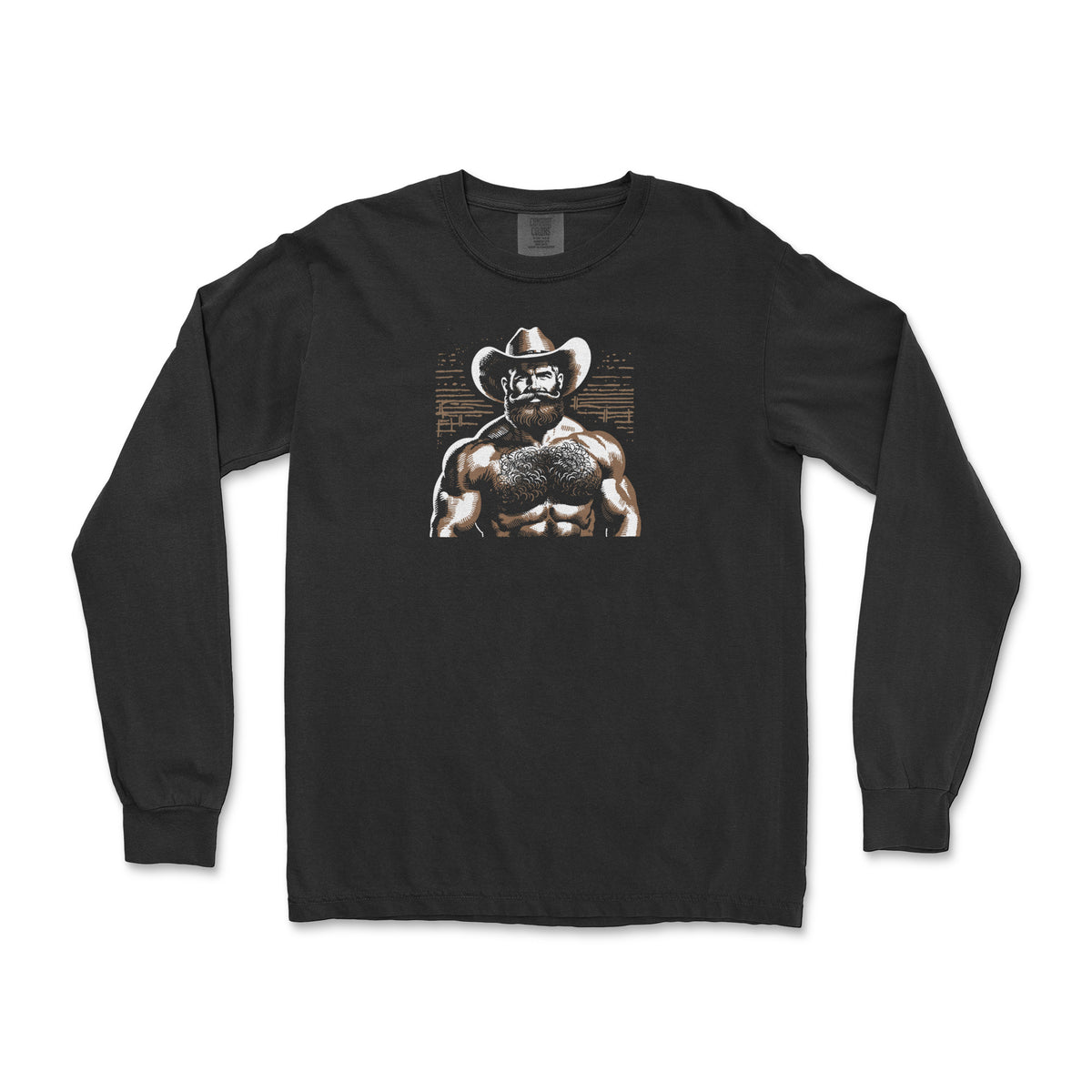 Hairy Cowboy woodcut illustration of a bearded, hairy-chested cowboy on a black long sleeve shirt, flat lay #color_Black