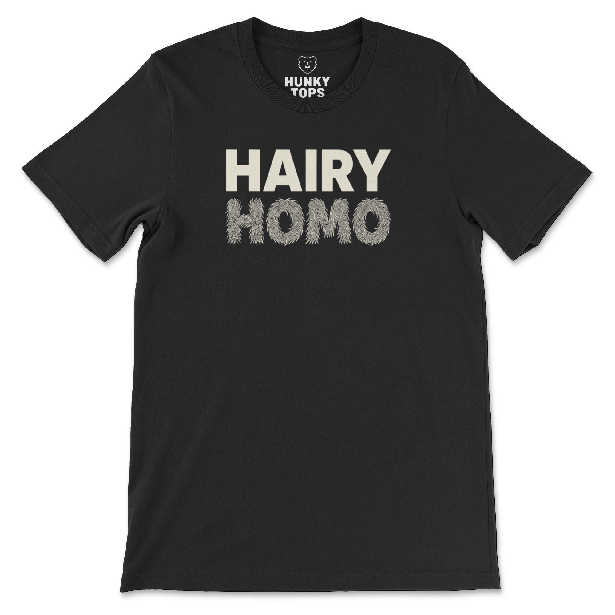 Hairy Homo black t-shirt with HAIRY in bold type and HOMO in furry lettering #color_Black