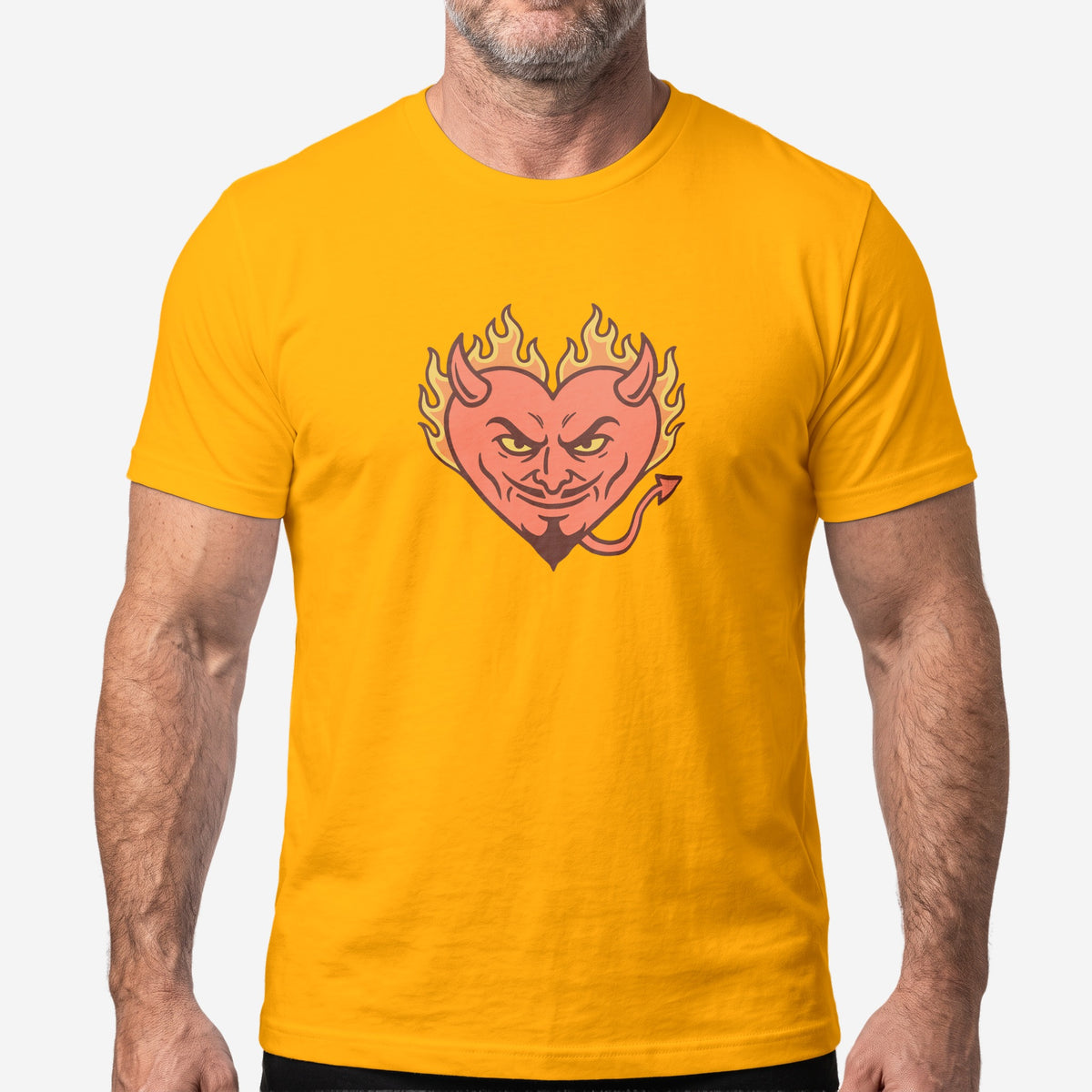 Hellfire Zaddy T-Shirt worn by a model, gold t-shirt #color_Gold