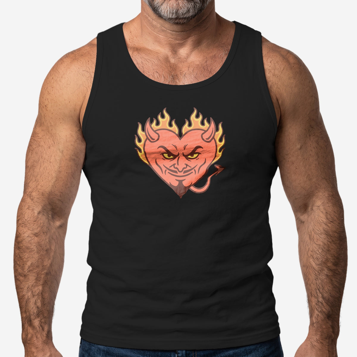 Hellfire Zaddy Tank Top worn by a model, black tank top #color_Black
