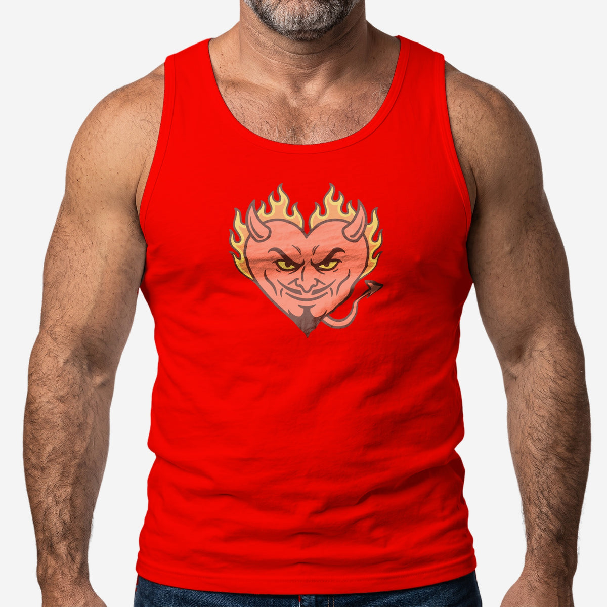 Hellfire Zaddy Tank Top worn by a model, red tank top #color_Red