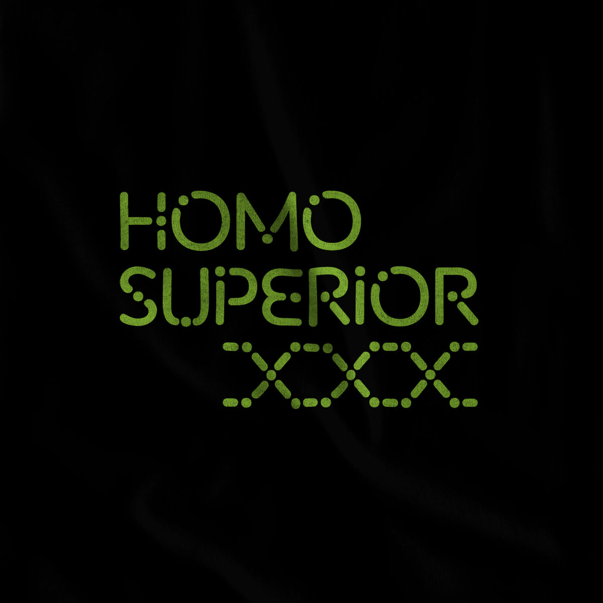 Close-up of the Homo Superior dotted lime green print on black fabric #color_Black