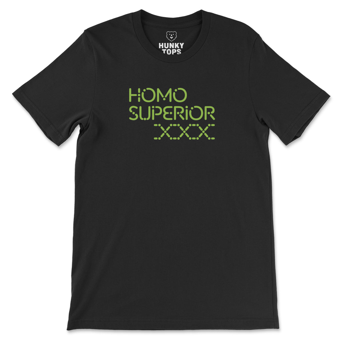 Homo Superior lime green sci-fi lettering on a black t-shirt, flat lay #color_Black