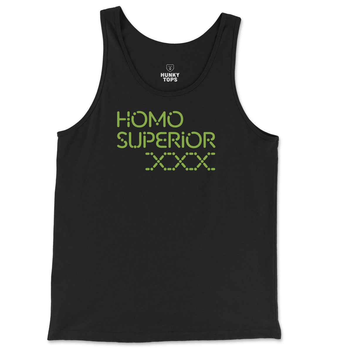 Homo Superior lime green sci-fi lettering on a black tank top, flat lay #color_Black