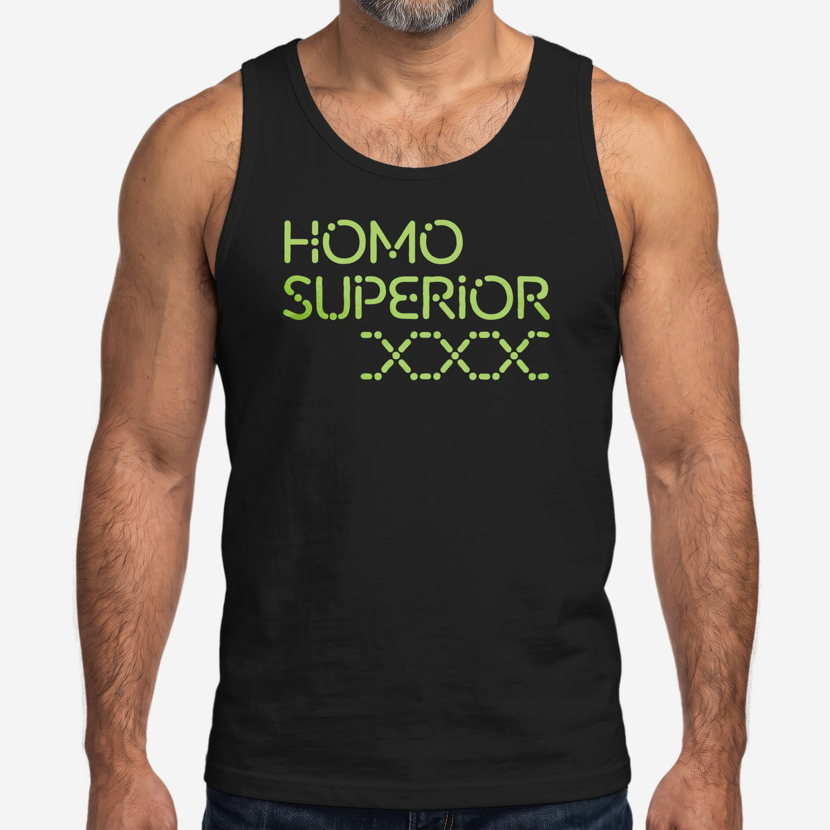 Homo Superior Tank Top worn by a model, black tank top #color_Black