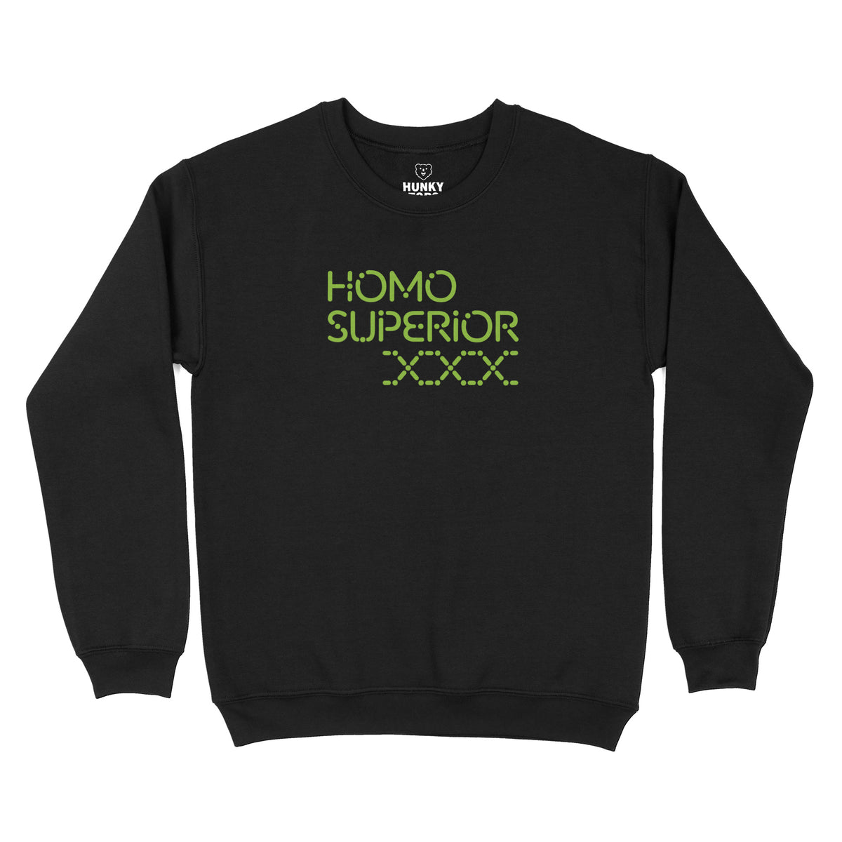 Homo Superior lime green sci-fi lettering on a black crewneck sweatshirt, flat lay #color_Black