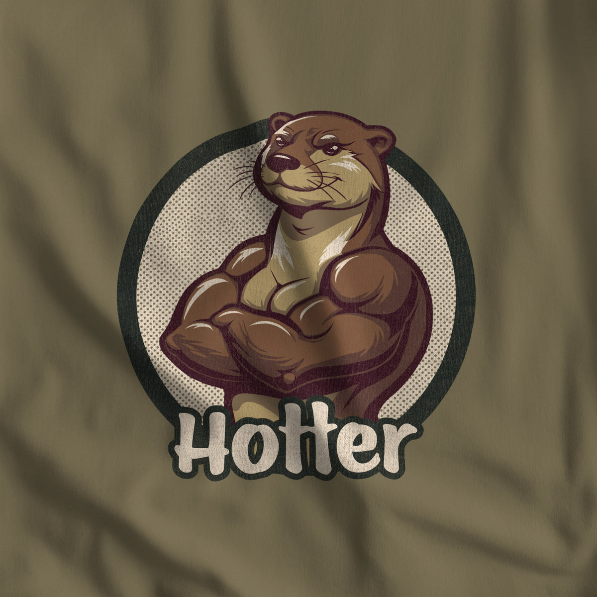 Hotter Muscular Otter T-Shirt, close-up of the print on a heather olive t-shirt #color_Heather Olive