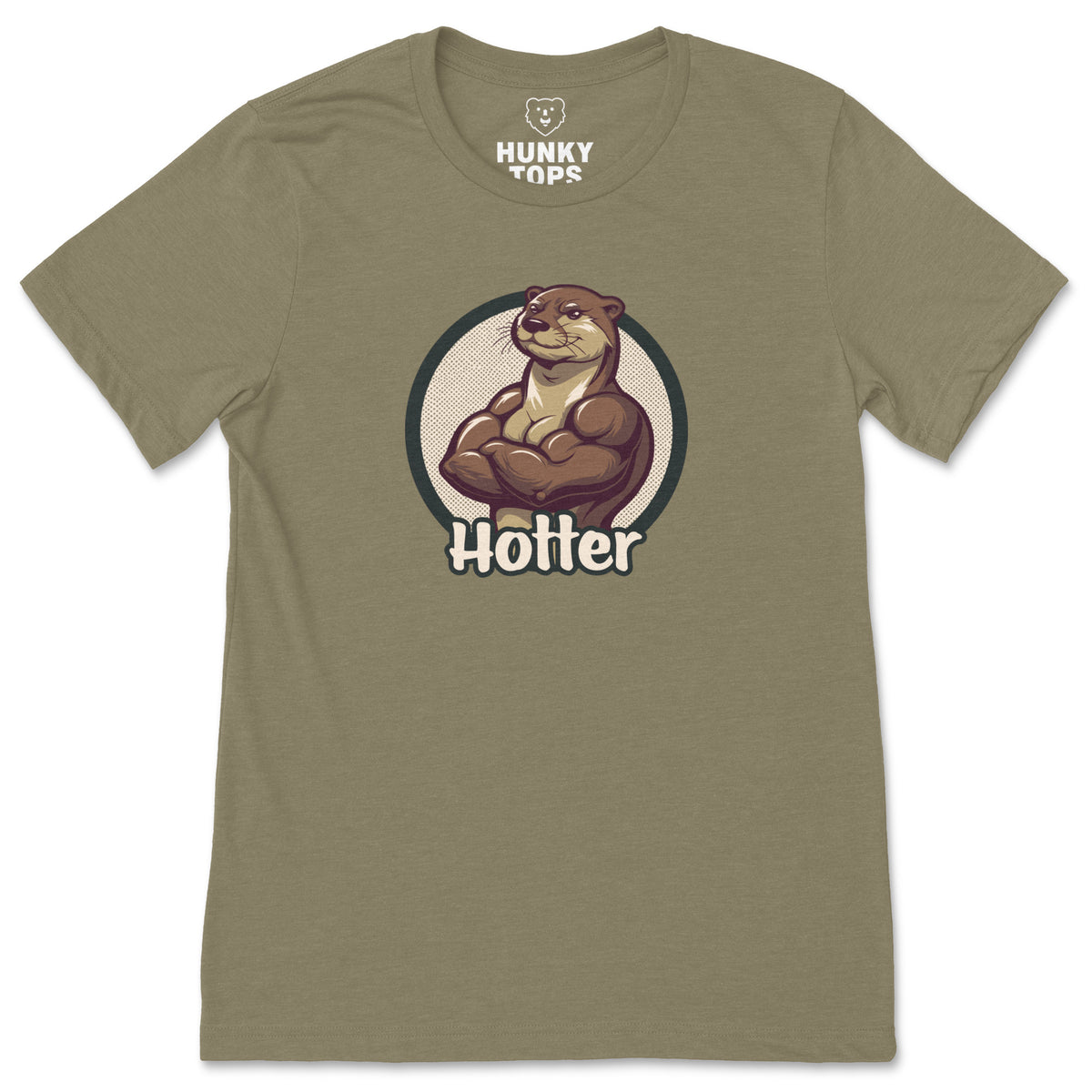 Hotter Muscular Otter T-Shirt on a heather olive t-shirt, flat lay #color_Heather Olive