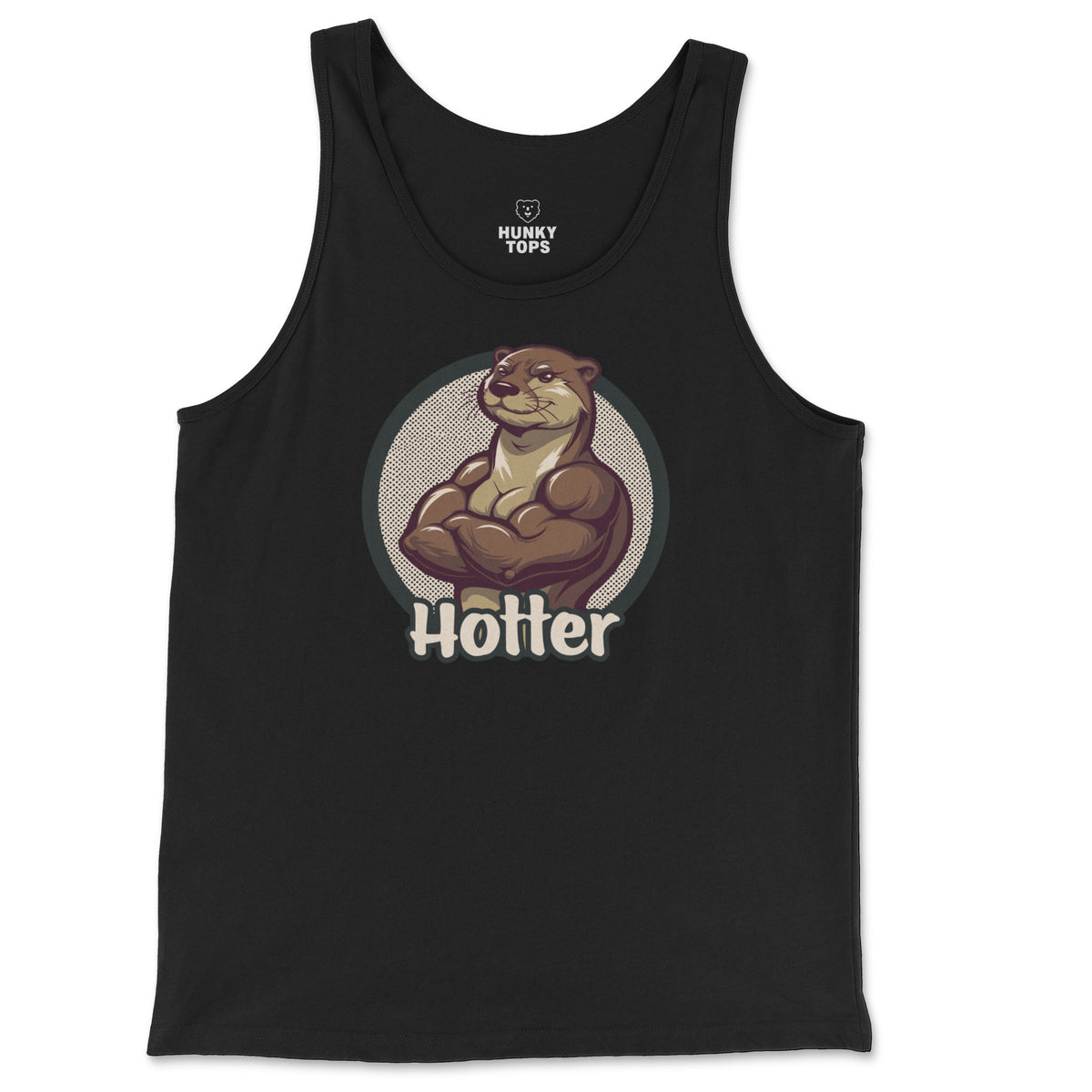 Hotter Muscular Otter Tank Top on a black tank top, flat lay #color_Black