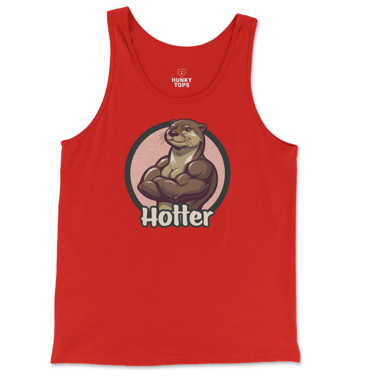 Hotter Muscular Otter Tank Top on a red tank top, flat lay #color_Red