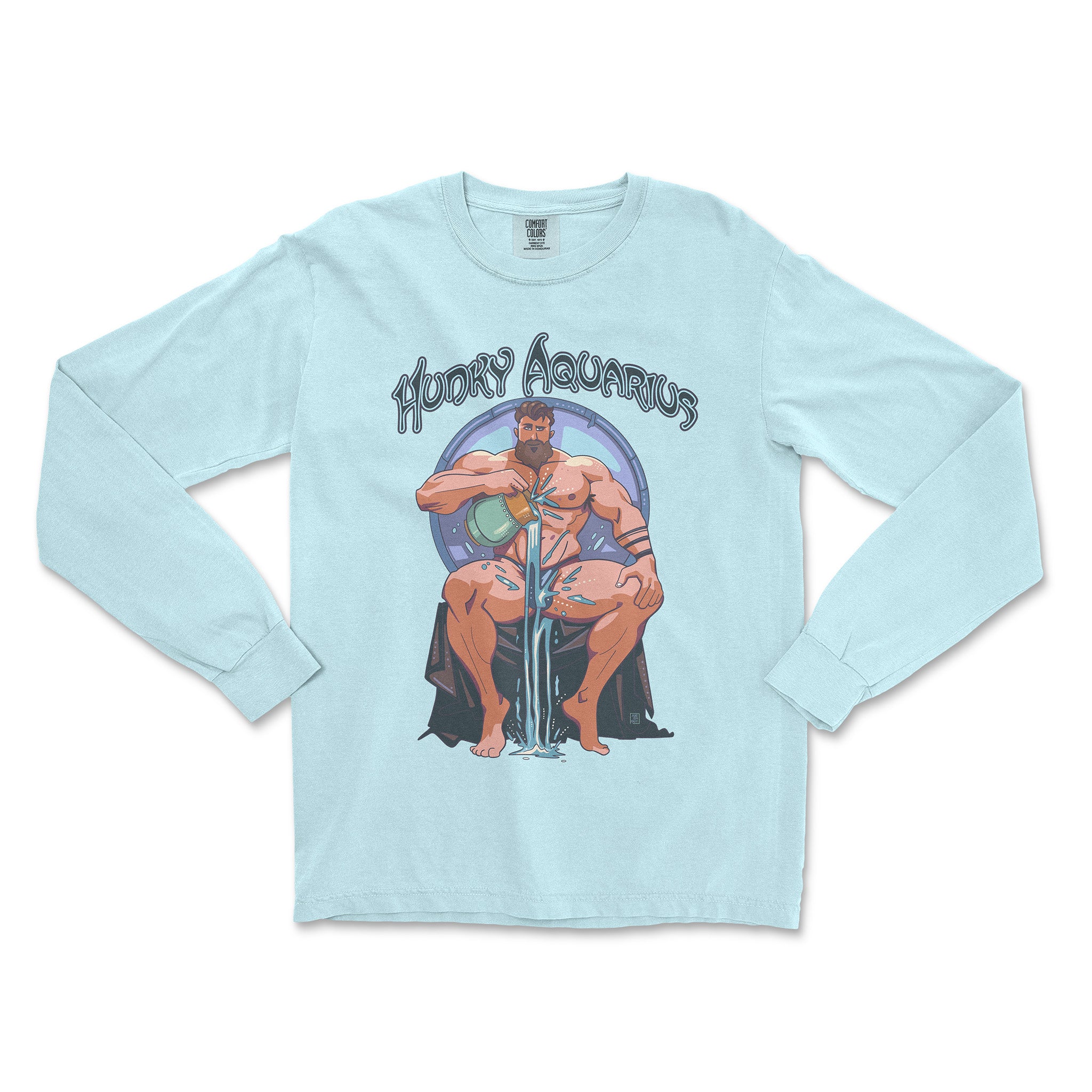 HUNKY AQUARIUS ZODIAC LONG-SLEEVE T-SHIRT BY AXEISH GUY - Hunky Tops #color_Chambray