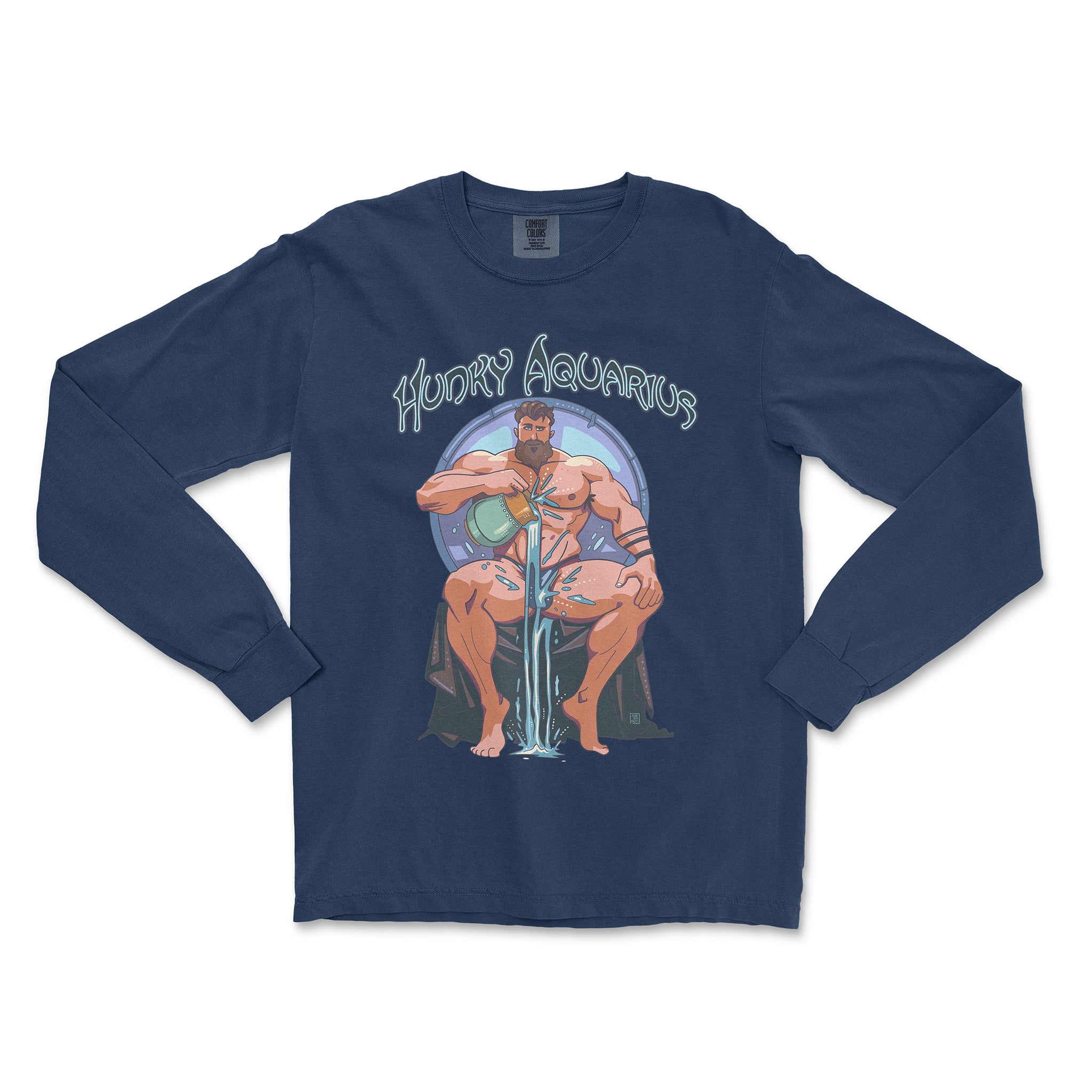 HUNKY AQUARIUS ZODIAC LONG-SLEEVE T-SHIRT BY AXEISH GUY - Hunky Tops #color_True Navy