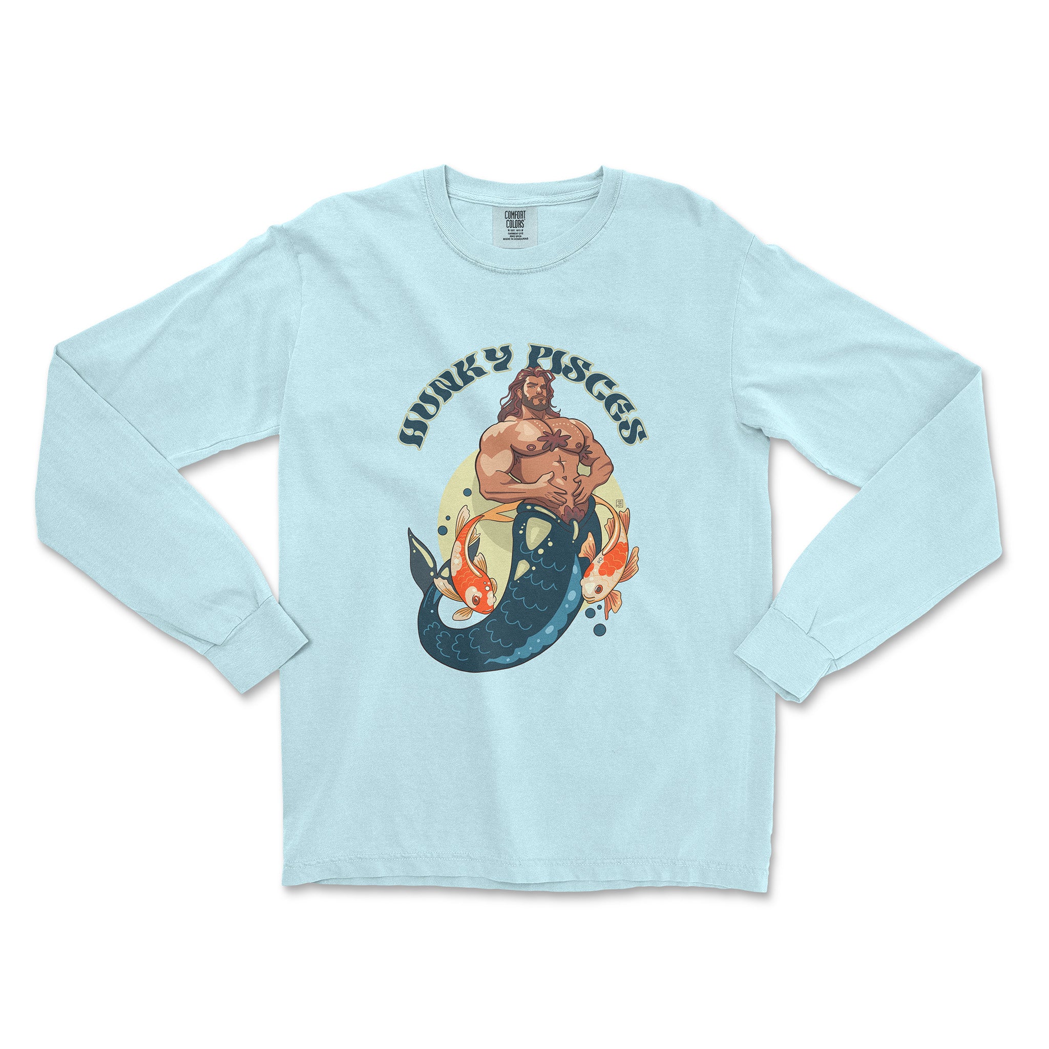 HUNKY PISCES ZODIAC LONG-SLEEVE T-SHIRT BY AXEISH GUY - Hunky Tops #color_Chambray