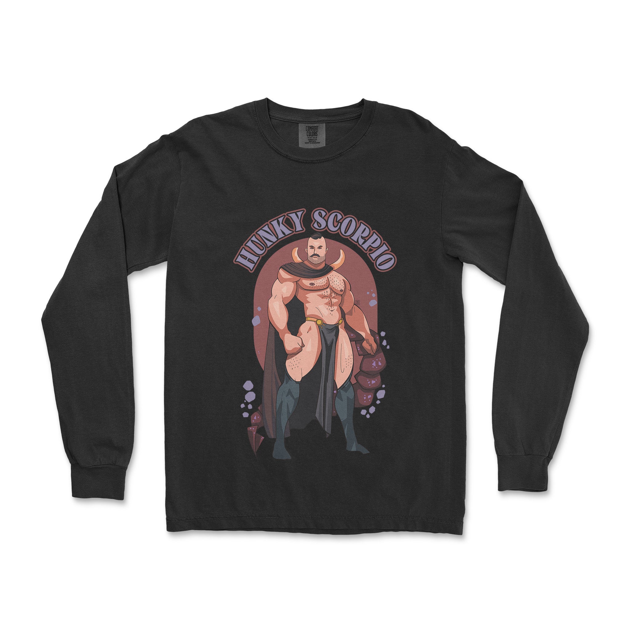 HUNKY SCORPIO ZODIAC LONG-SLEEVE T-SHIRT BY AXEISH GUY - Hunky Tops #color_Black