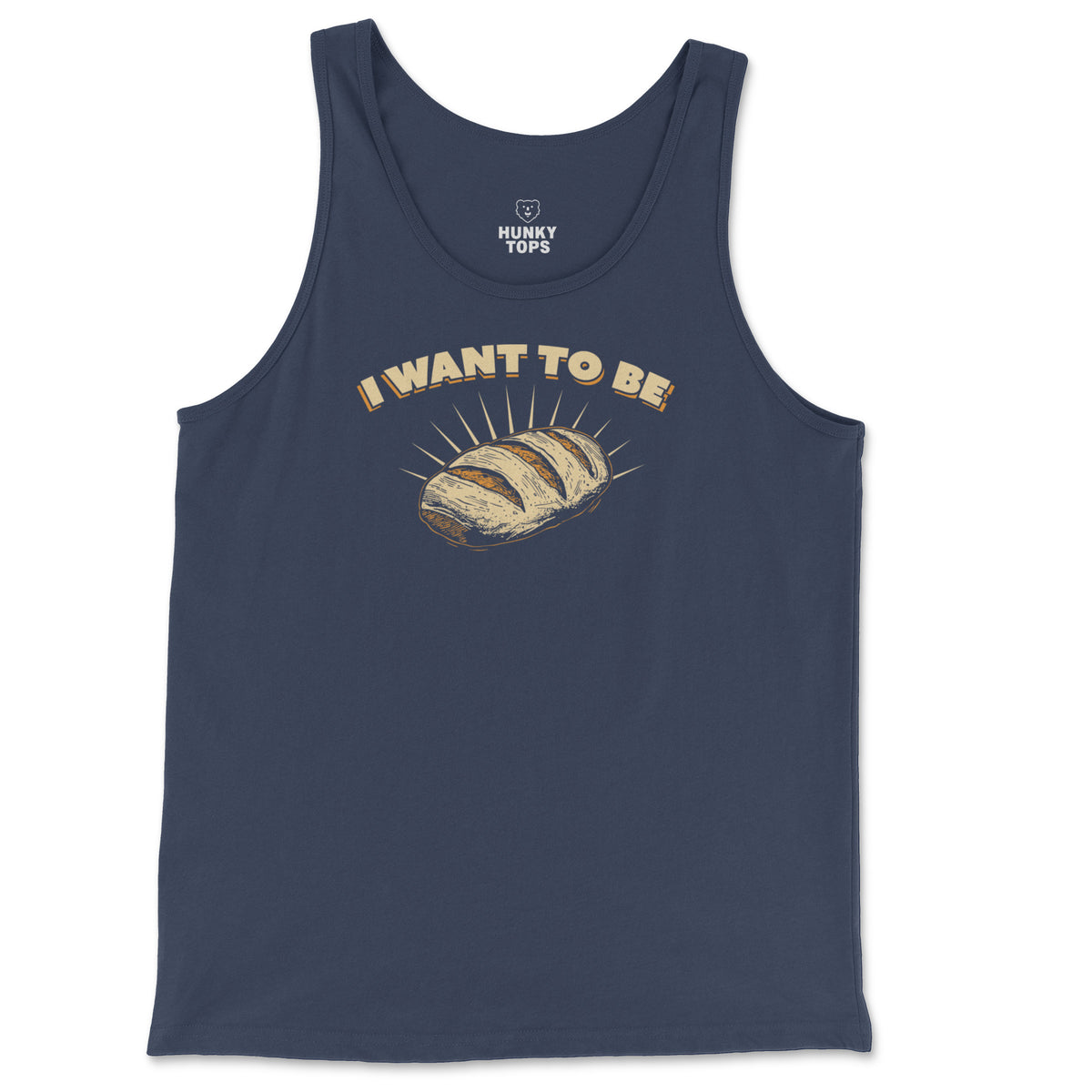 I WANT TO BE BREAD graphic on a navy tank top, flat lay #color_Navy
