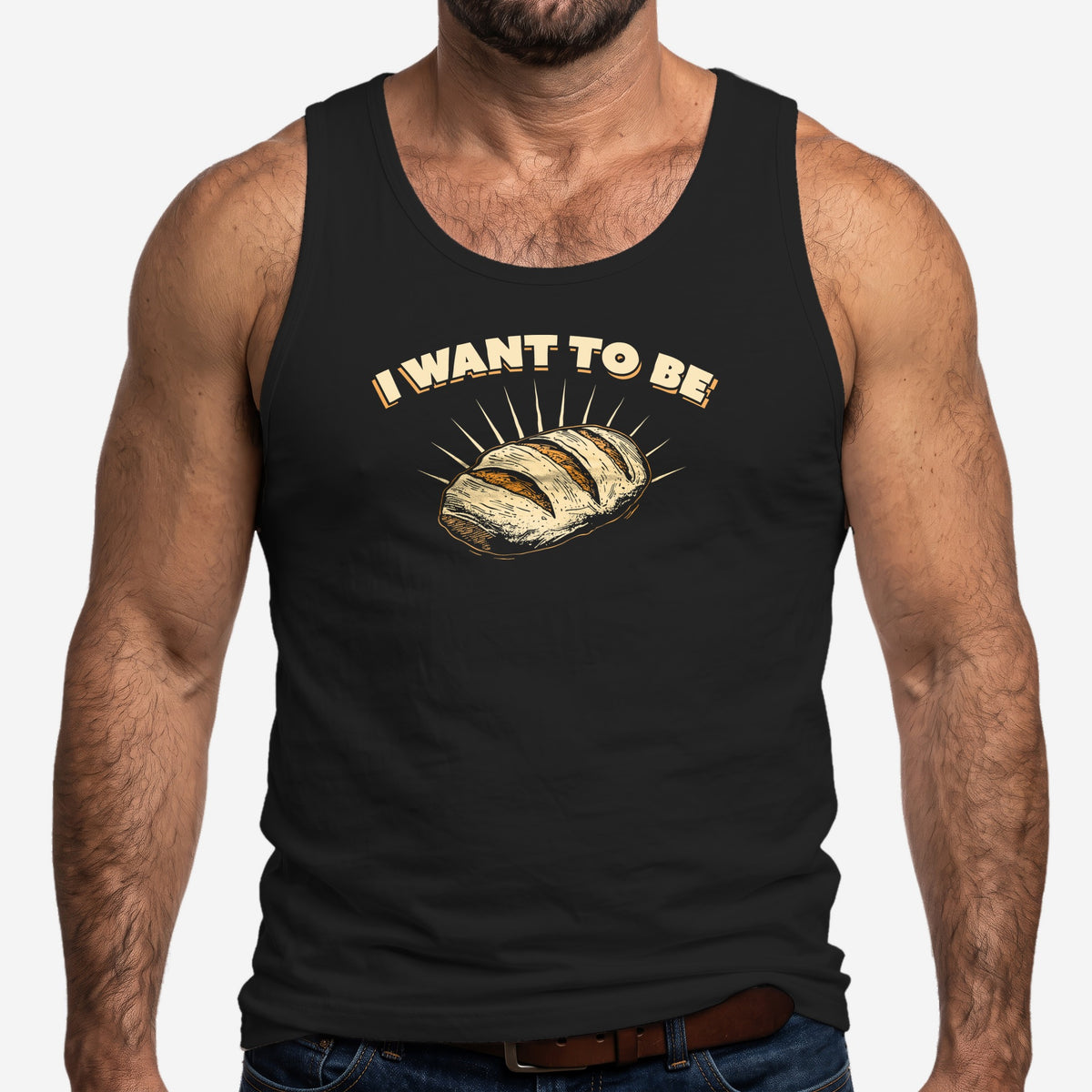 I WANT TO BE BREAD graphic on a black tank top, worn on a model #color_Black