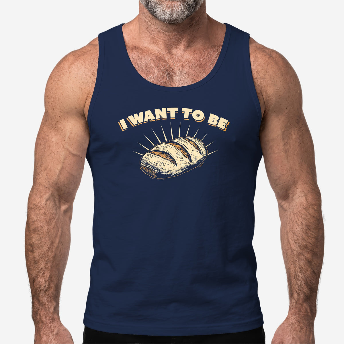 I WANT TO BE BREAD graphic on a navy tank top, worn on a model #color_Navy
