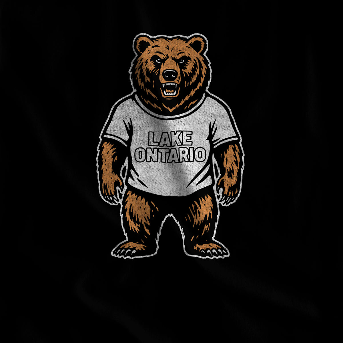 Close-up of the Lake Ontario Bear grizzly print on black cotton #color_Black