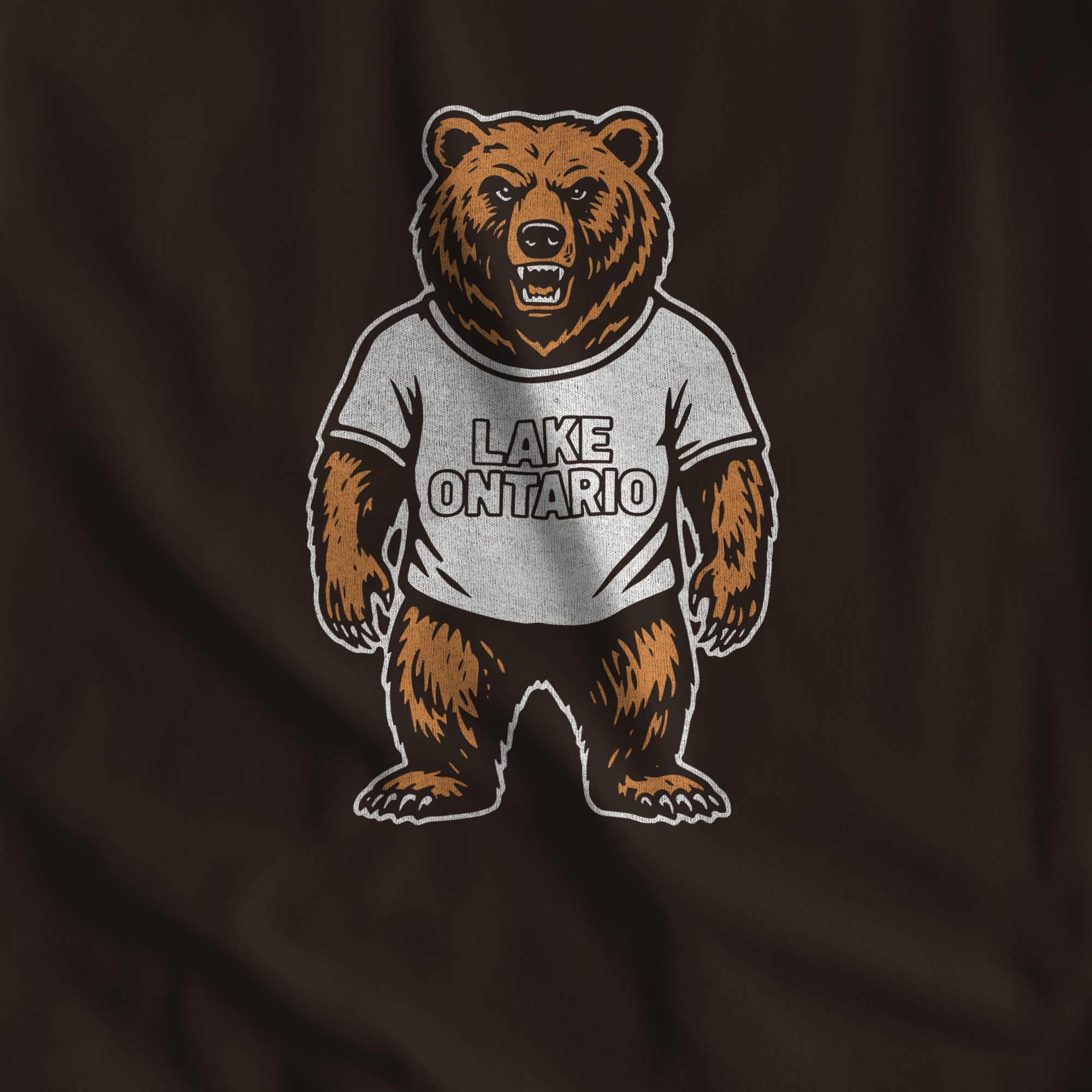 Close-up of the Lake Ontario Bear grizzly print on brown cotton #color_Brown