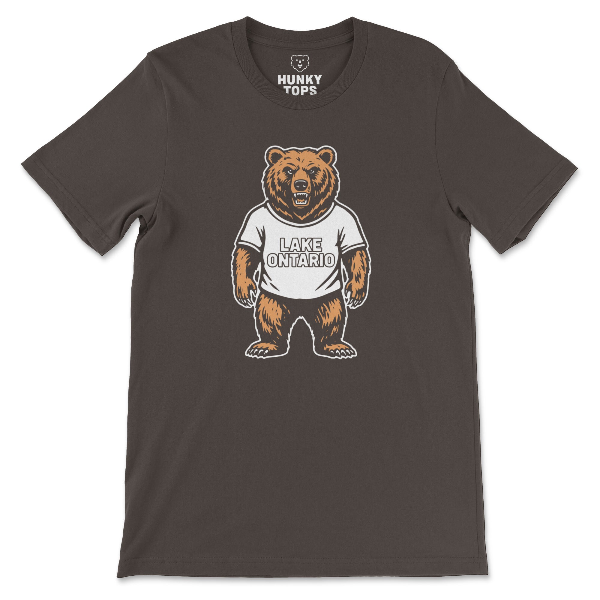 Lake Ontario Bear grizzly graphic on a brown t-shirt, flat lay #color_Brown
