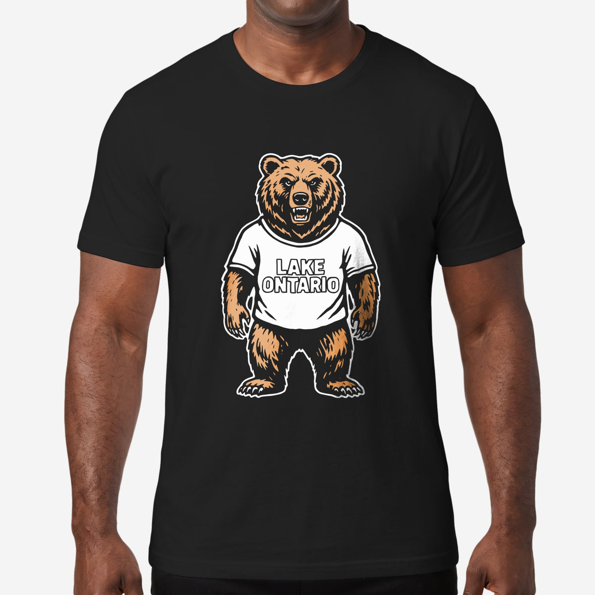 Lake Ontario Bear grizzly graphic on a black t-shirt, worn on a model #color_Black