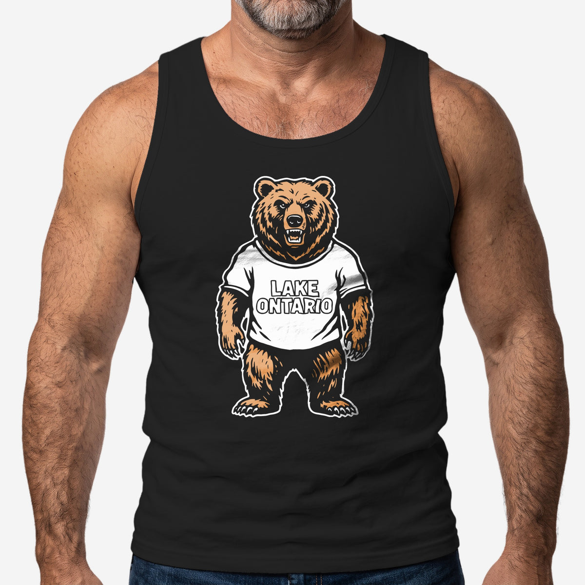 Lake Ontario Bear grizzly graphic on a black tank top, worn on a model #color_Black
