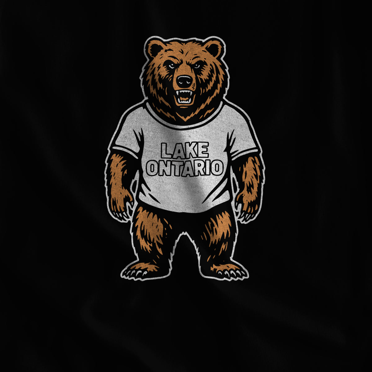 Close-up of the Lake Ontario Bear grizzly print on black fabric #color_Black