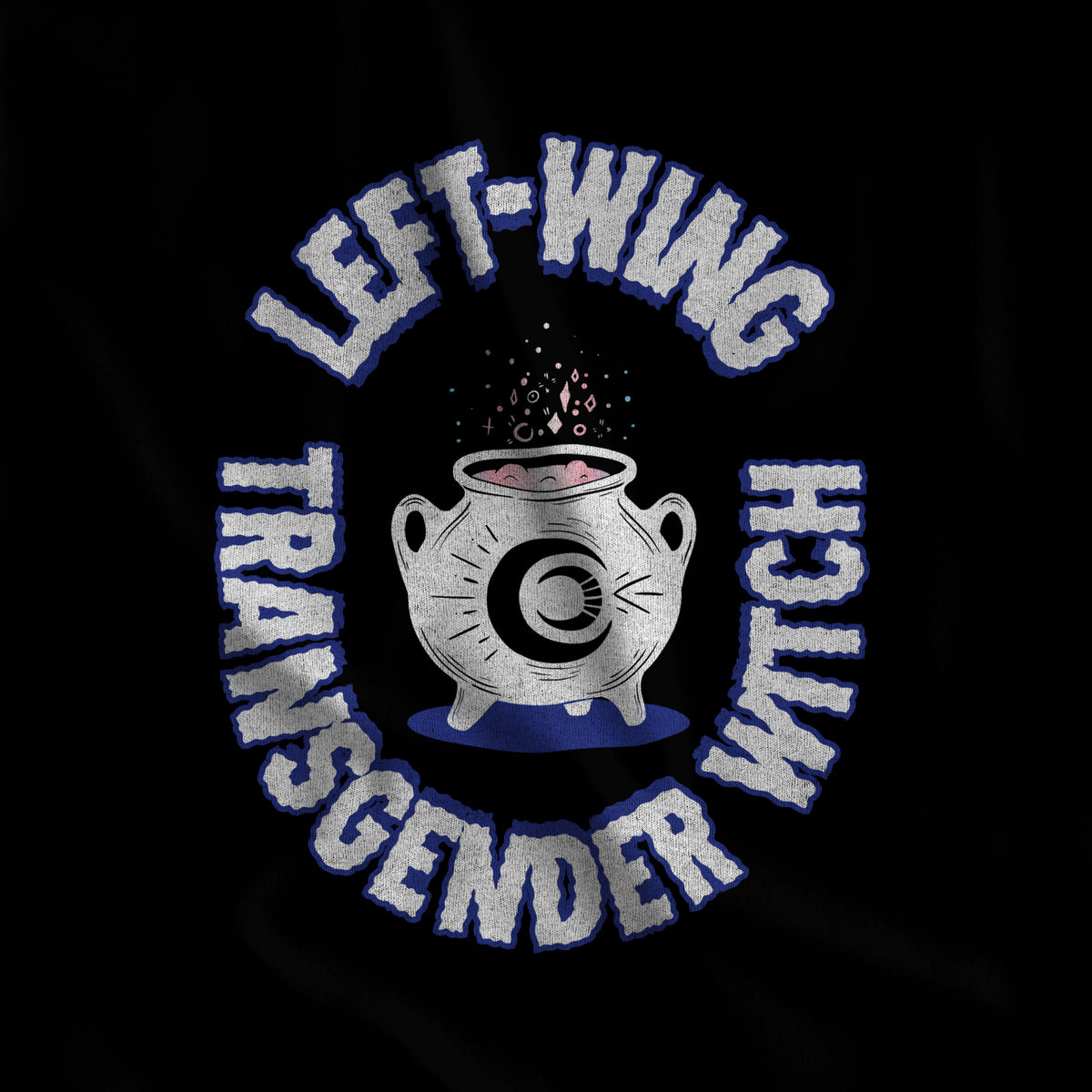 Close-up of the Left-Wing Transgender Witch cauldron print on black fabric #color_Black