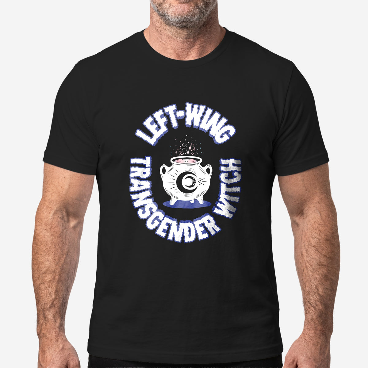 Left-Wing Transgender Witch T-Shirt worn by a model, black t-shirt #color_Black