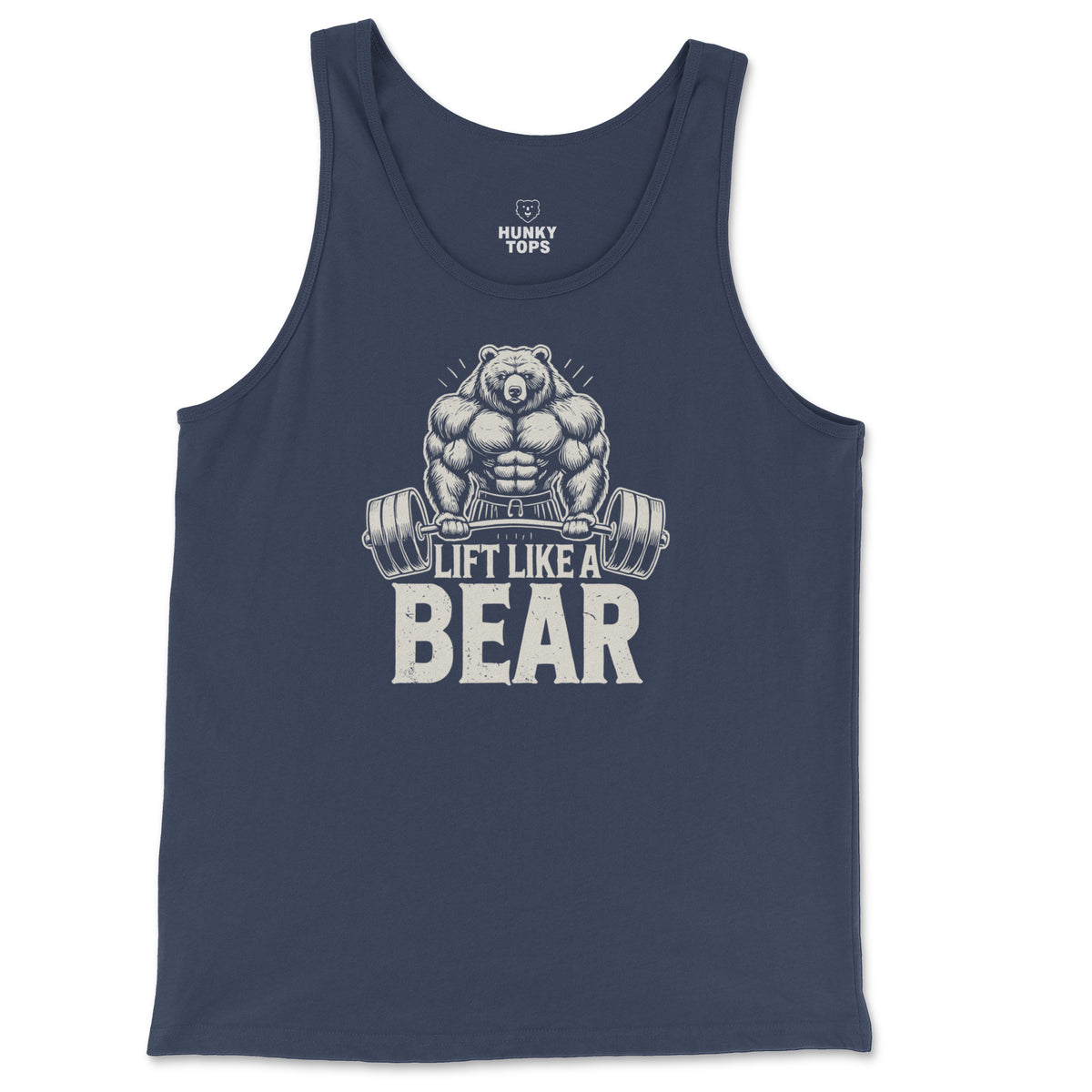 Lift Like a Bear Tank Top on a navy tank top, flat lay #color_Navy