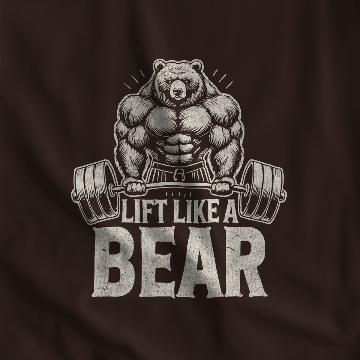 Close-up of the Lift Like a Bear print on dark chocolate fleece #color_Dark Chocolate