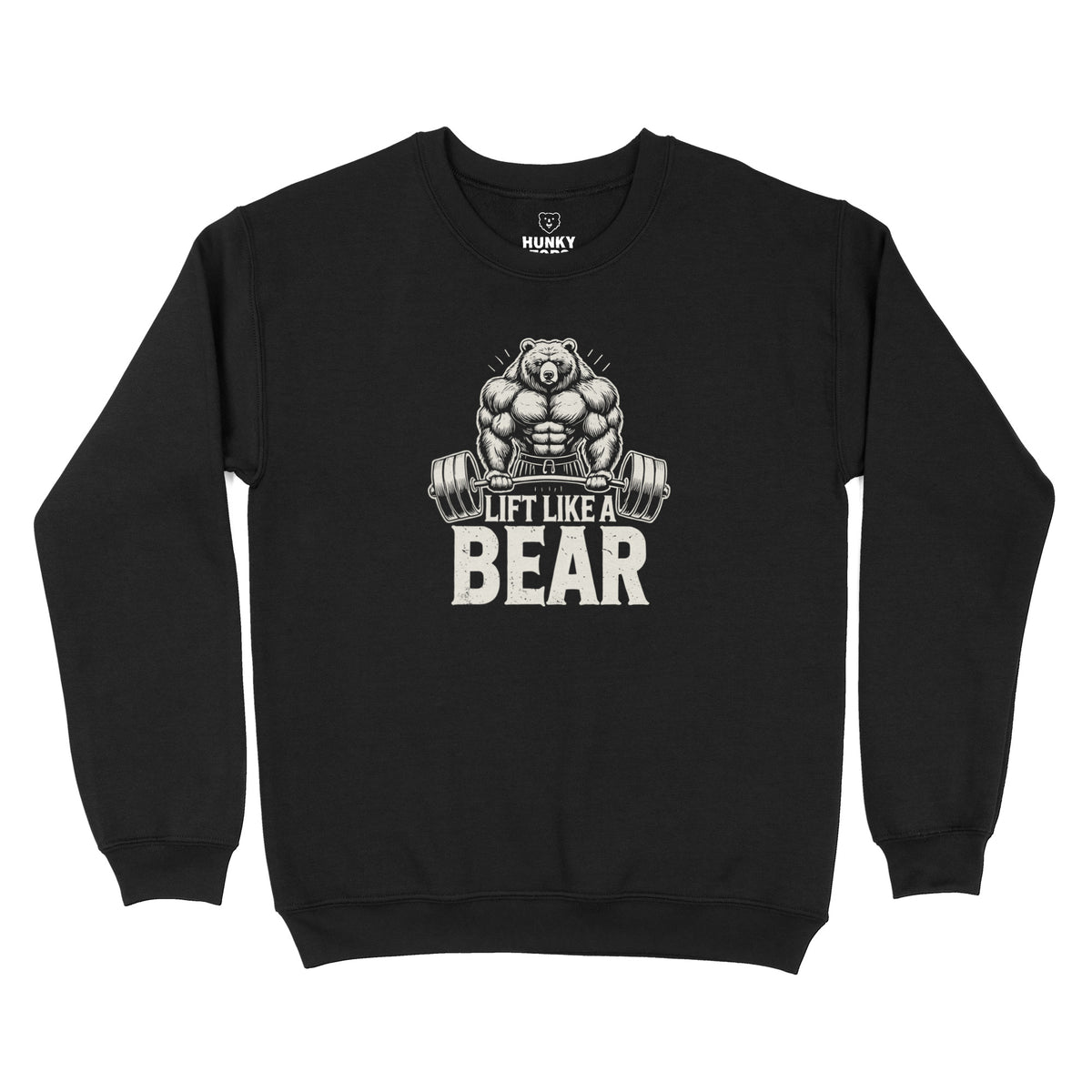 Lift Like a Bear: a muscular grizzly behind a loaded barbell on a black crewneck sweatshirt, flat lay #color_Black